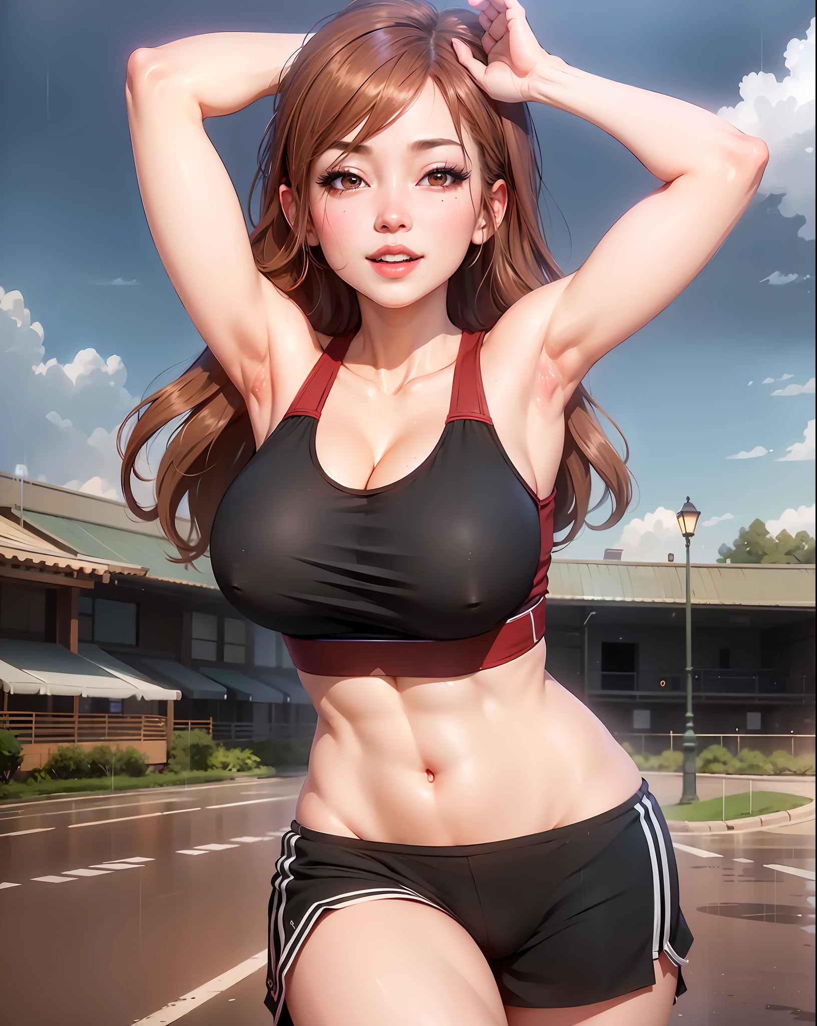 (8k, RAW photo, best quality, mastery:1.2), (realistic, photo-realistic:1.37),1girl,cityscape, night, rain, wet, professional lighting, photon mapping, radiosity, Chinese Doll,torn,chemise, large Image breasts, nurses, sportswear, left eye closed, happy, smile