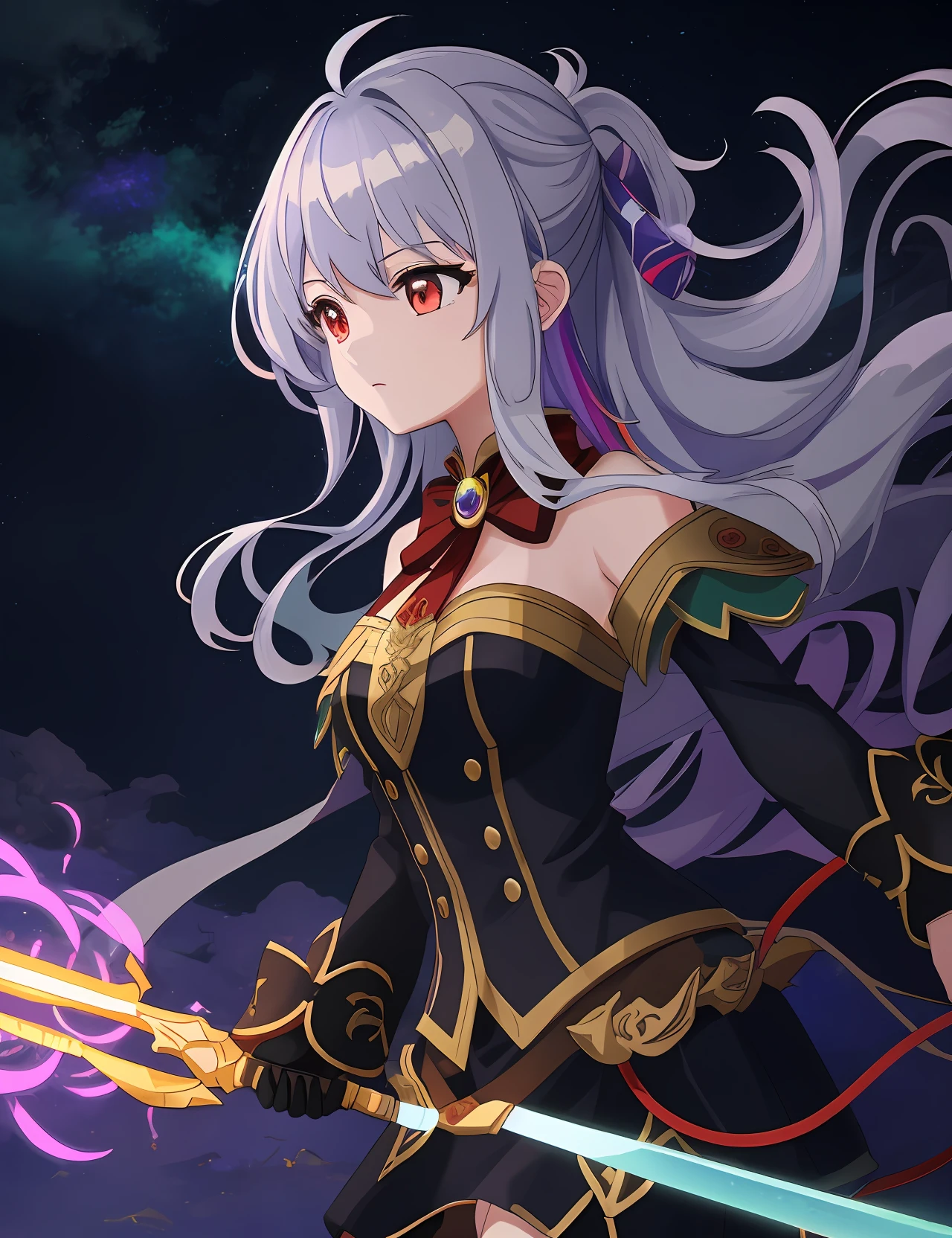 (extremely detailed CG unity 8k wallpaper, best quality, masterpiece, ultra-detailed), floating, (a girl guardian, multicolored eyes), dynamic and beautiful, (blue:1.3+green:1.3+purple+yellow:1.3+silver:1.3+red:1.2) hair, armor, weapon, enchanted, dark magic, (wide shot), (flames, swirling smoke, mystical aura), night scenery.