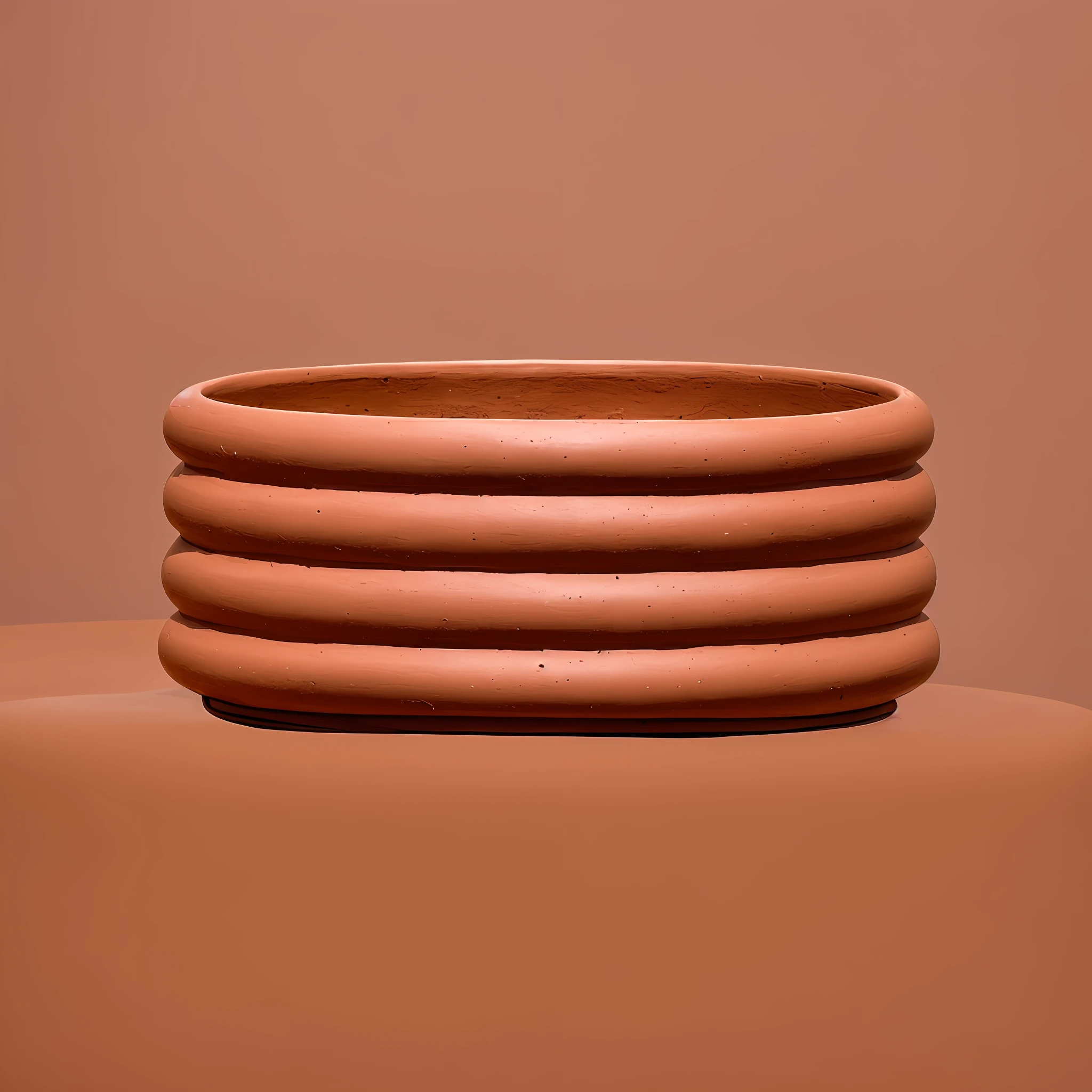 there is a large clay planter with a curved design, terracotta, rounded lines, clay texture, clay material, ceramic pot, product photo, unique pot made for houseplants, detailed image, sienna, clay, thick lines, curved, tactile, pink color, matt finish