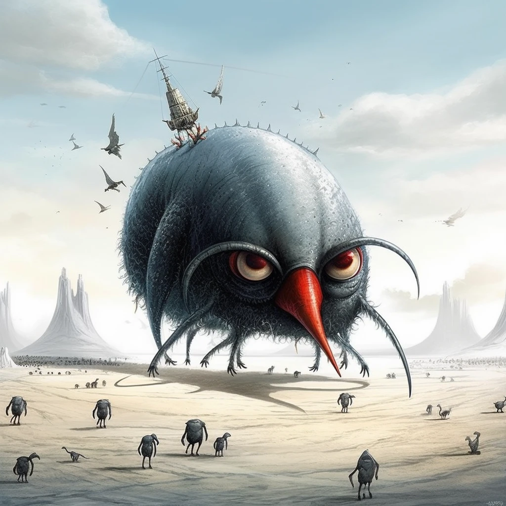 Penguins are chased by a giant ant and run away, fantasizing about creatures