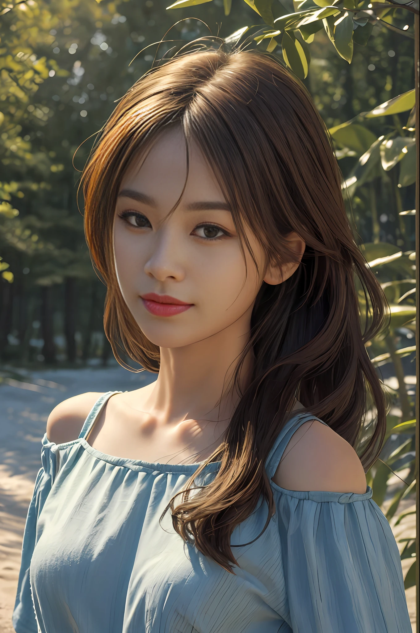 Best quality,masterpiece,ultra high res,(photorealistic:1.4),1girl,shoulder,charming,Looking at the camera,Sense of level,Three-dimensional facial features,sunshine,Long hair,
