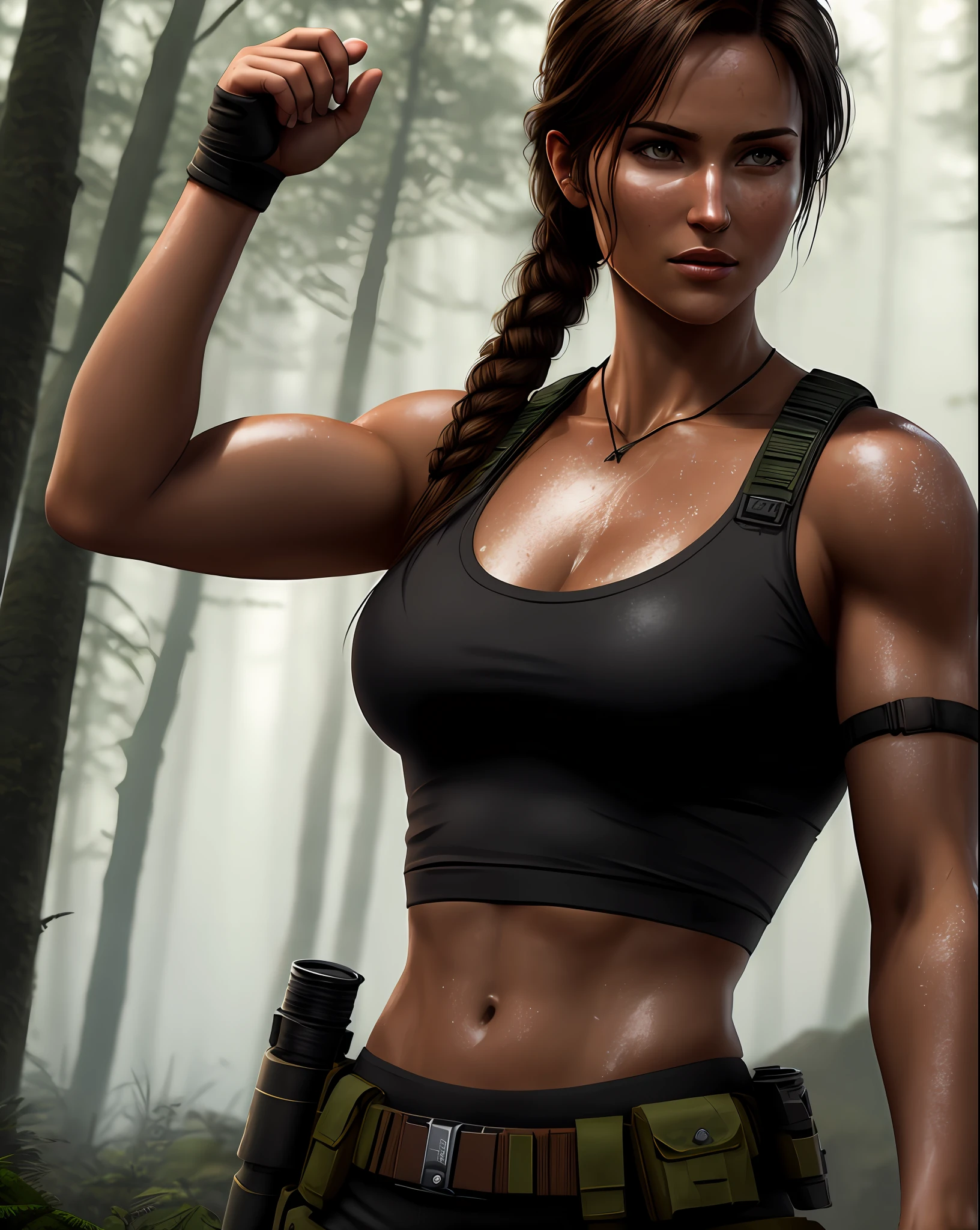 Lara Croft, 22 years old, black Wastelander clothes, neckline, tiny body, hdr, (insane details, hyper realism: 1.2), (insane skin detail), full body, blonde hair, forest in the background, night with fog(photorealistic skin: 1.4), cinematic lighting, (rim lighting: 1.3 ), color gradation, focused, outdoor (high skin detail: 1.2), pores, sweaty skin, Fujifilm XT3, color correction, movie style