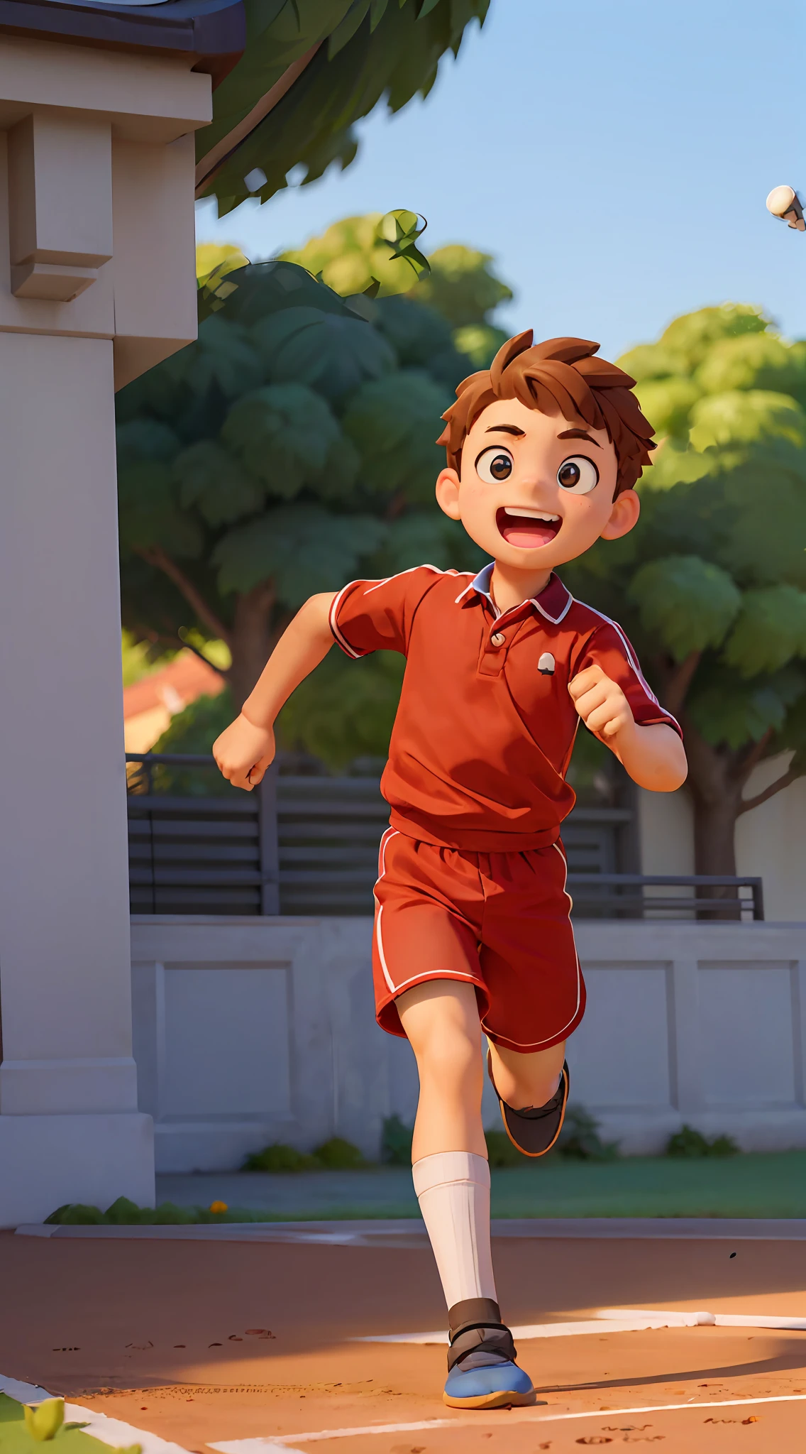 A boy (character in the picture ratio 1:2), red baton, school uniform, school playground, running track, crossing the finish line, victory, joy, joy, perfect quality, clear focus, (Masterpiece: 1.2) (Realistic: 1.2) (Bokeh) (Best quality) (Detailed skin: 1.3) (Intricate details) (8K) (Detail Eyes) (Sharp Focus), (Happy)