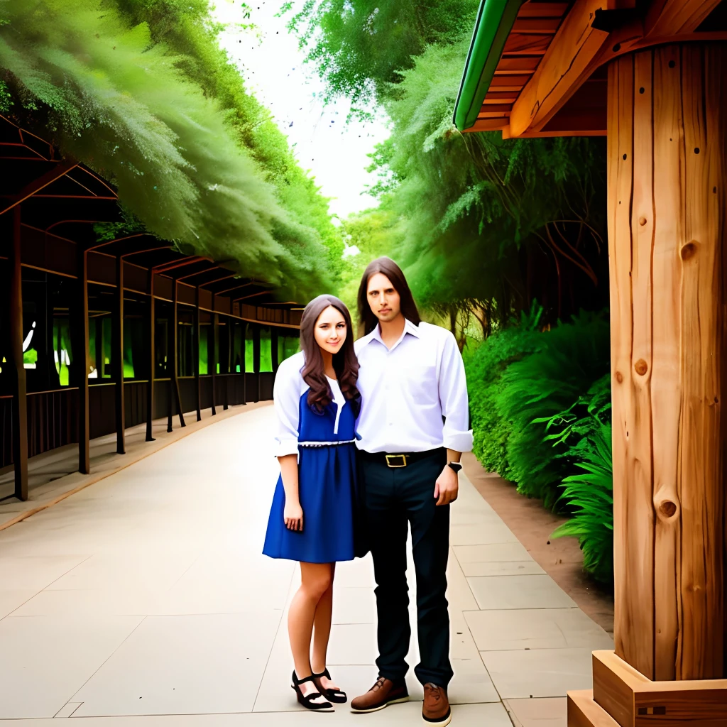 Long haired woman standing next to tall man at zoo