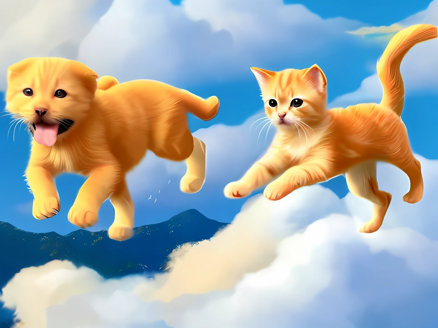 Kittens with golden puppies are
Running around in the clouds