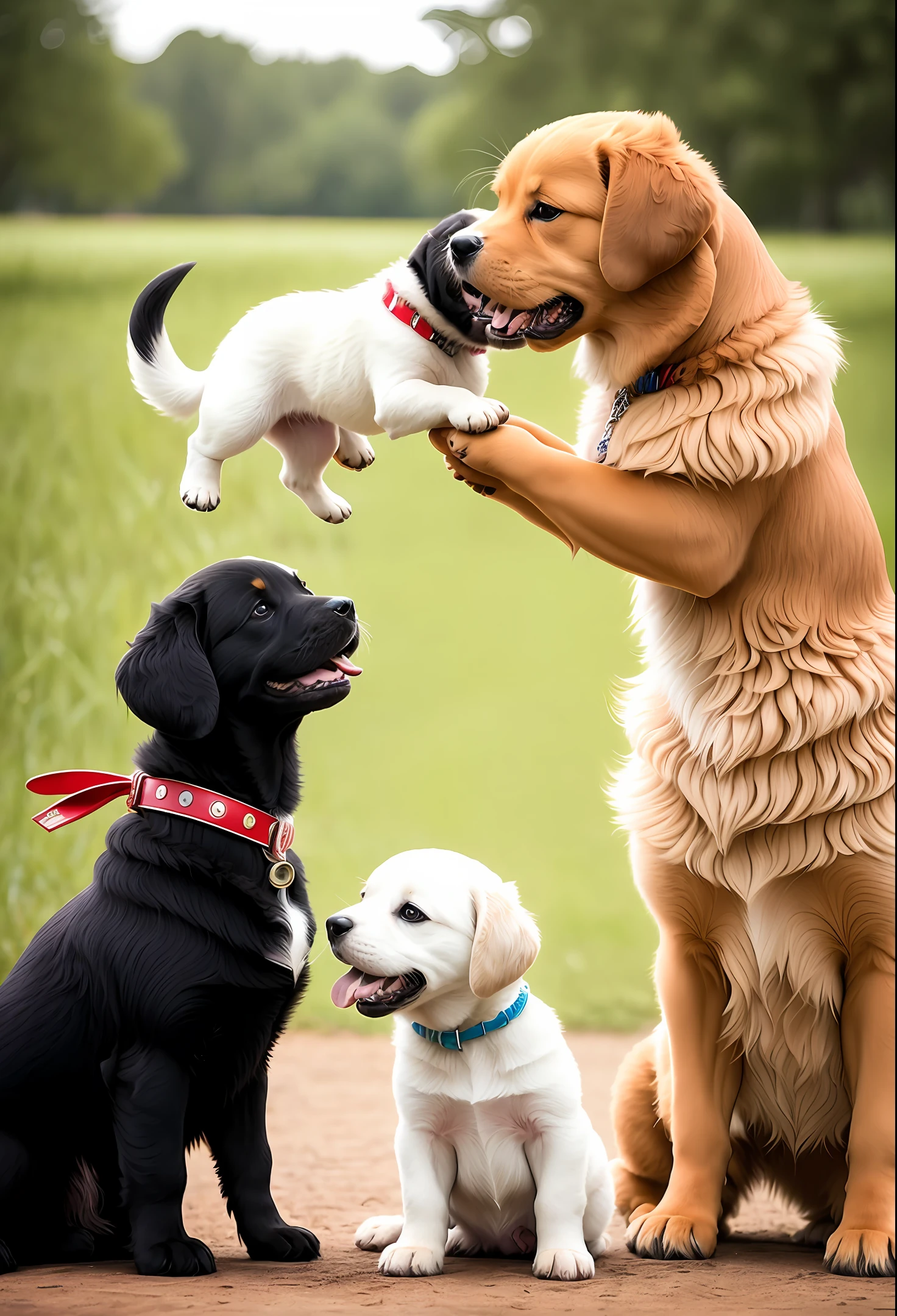 Puppies playing with mothers.