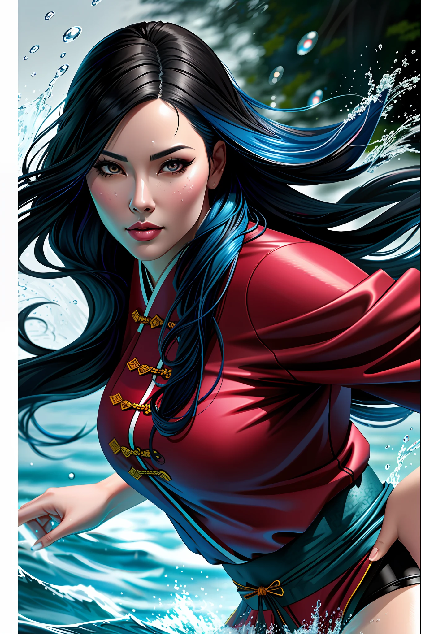 (comic poster) chinese ,long black hair, brown eyes, sexy pink mouth thick lips (colored line art: 1.5), realistic epic, (close up), 1girl, floating blue_hair, long hair, (spinning water: 1.2), water drops, wet, holding_katana, cute blue kimono, detailed fabric texture, ultra detailed, action pose, cinematic lighting, volumetric light, subsurface scattering, water dancer,  (detailed clothing, detailed clothing texture), black_background, surrealist: 0.33, mature adult: 1.6, stunning, award-winning, Masterpiece, Tai Chi, Kata, (Realistic: 1.35,)