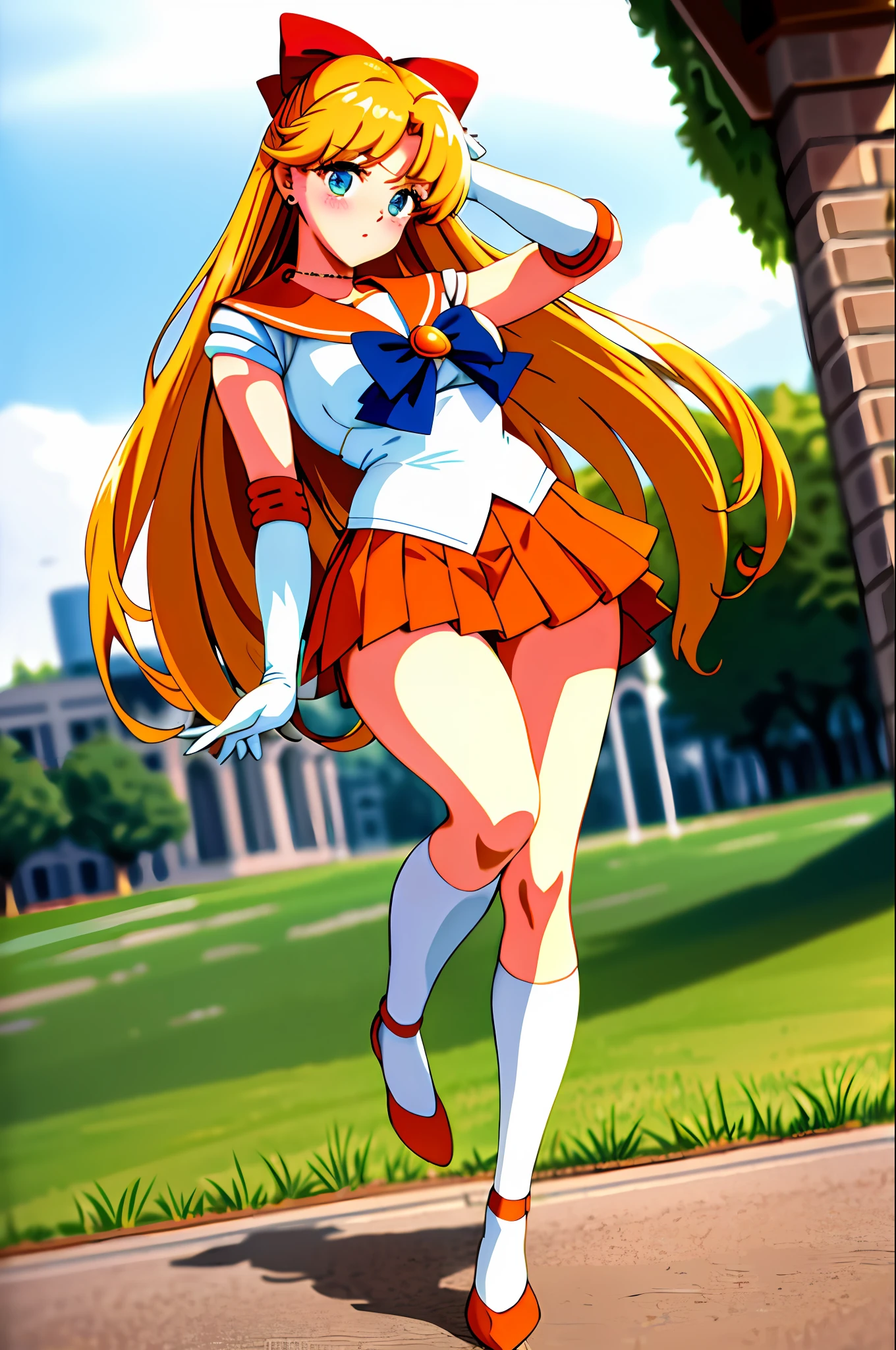 Masterpiece, best quality, high resolution, SV1, sailor sensi uniform, orange skirt, elbow gloves, tiara, pleated skirt, mini skirt, red bow, orange necklace, white gloves, jewelry, (1990s \(style\):0.9) , outdoor, (skirt lift:1.1), white tights, embarrassment, blush