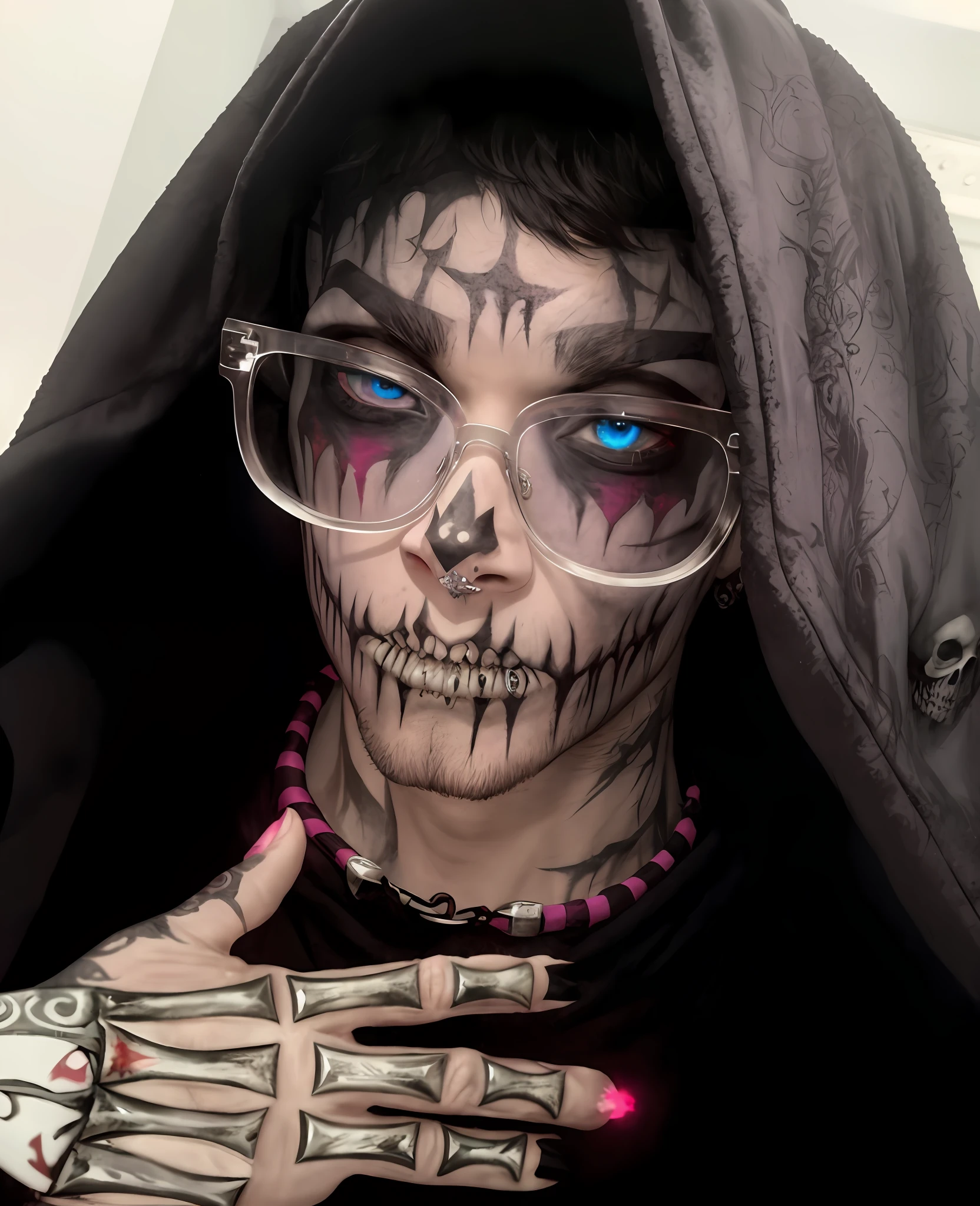Arafed man with a hoodie and glasses holding a knife, lil peep, creepy look, drain gang blade, creepy theme, creepy aesthetic, creepy style, profile picture, profile picture, with haunted eyes and glasses, with black sclera eyes, looks like a mix of grimes, gothic horror vibes, profile picture, skull face painting, creepy vibe
