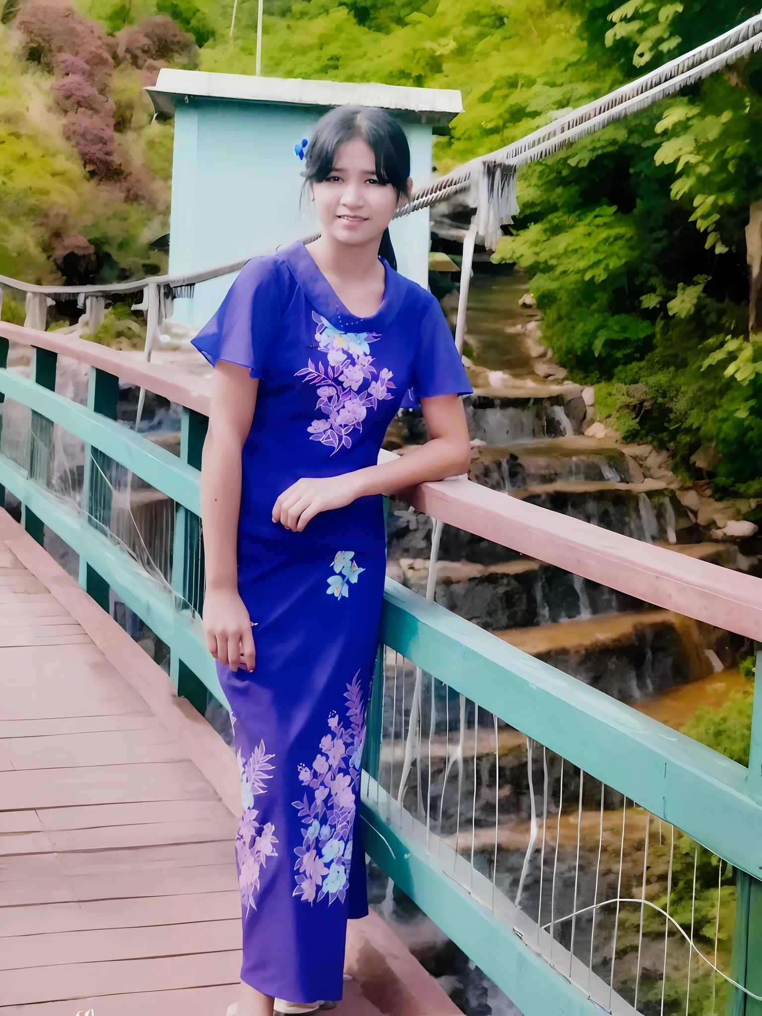 arafed woman in a blue dress standing on a bridge, nivanh chanthara, photo taken in 2 0 2 0, traditional dress, around 1 9 years old, colored photo, dang my linh, traditional art, in a blue qipao, 3 0 years old woman, 30 years old woman, potrait, connected with hanging bridge!!
