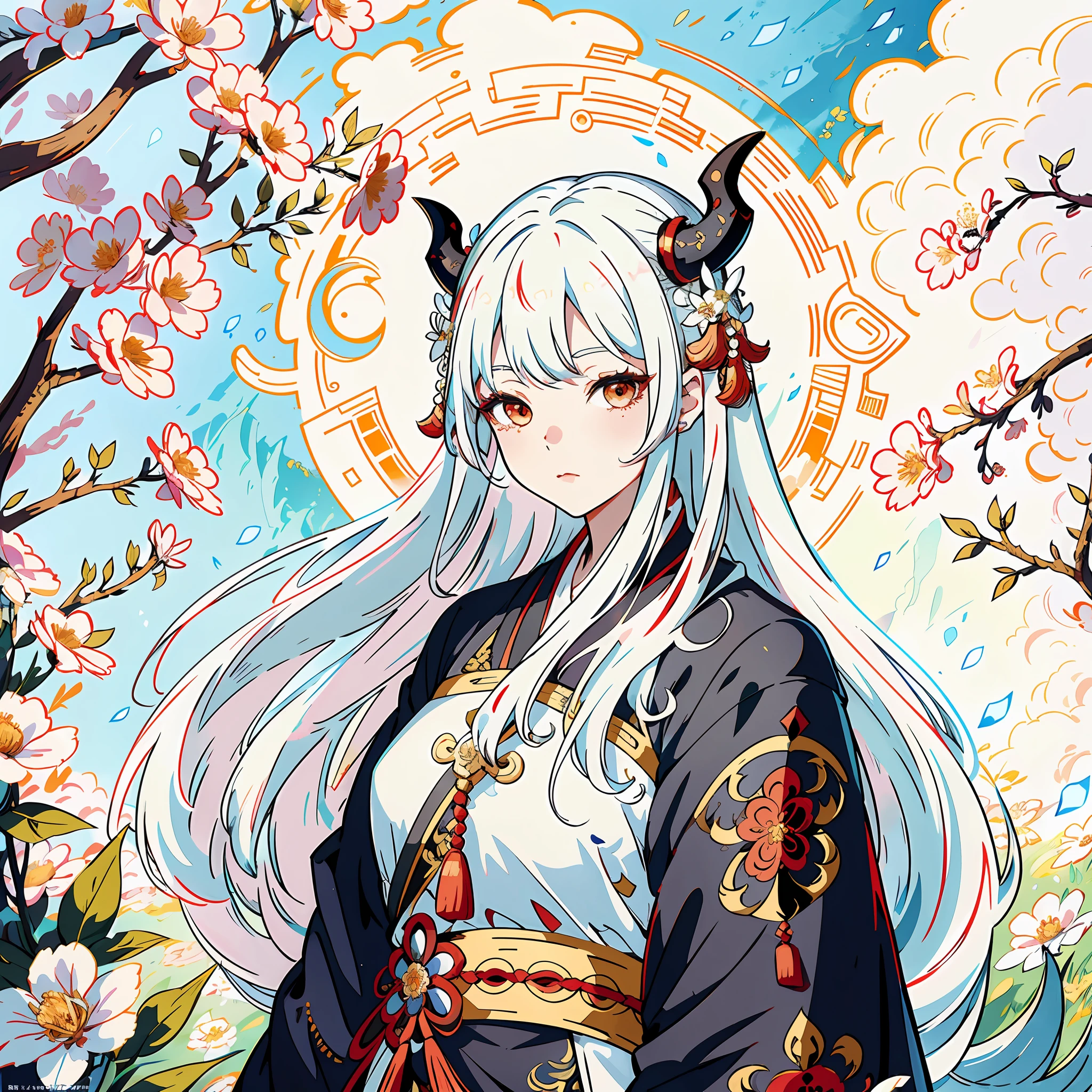 anime girl with long white hair and horns in a field of flowers, white haired deity, palace , a girl in hanfu, inspired by Ma Yuanyu, onmyoji portrait, keqing from genshin impact, highly detailed exquisite fanart, onmyoji, onmyoji detailed art, detailed fanart, loong, high detailed official artwork