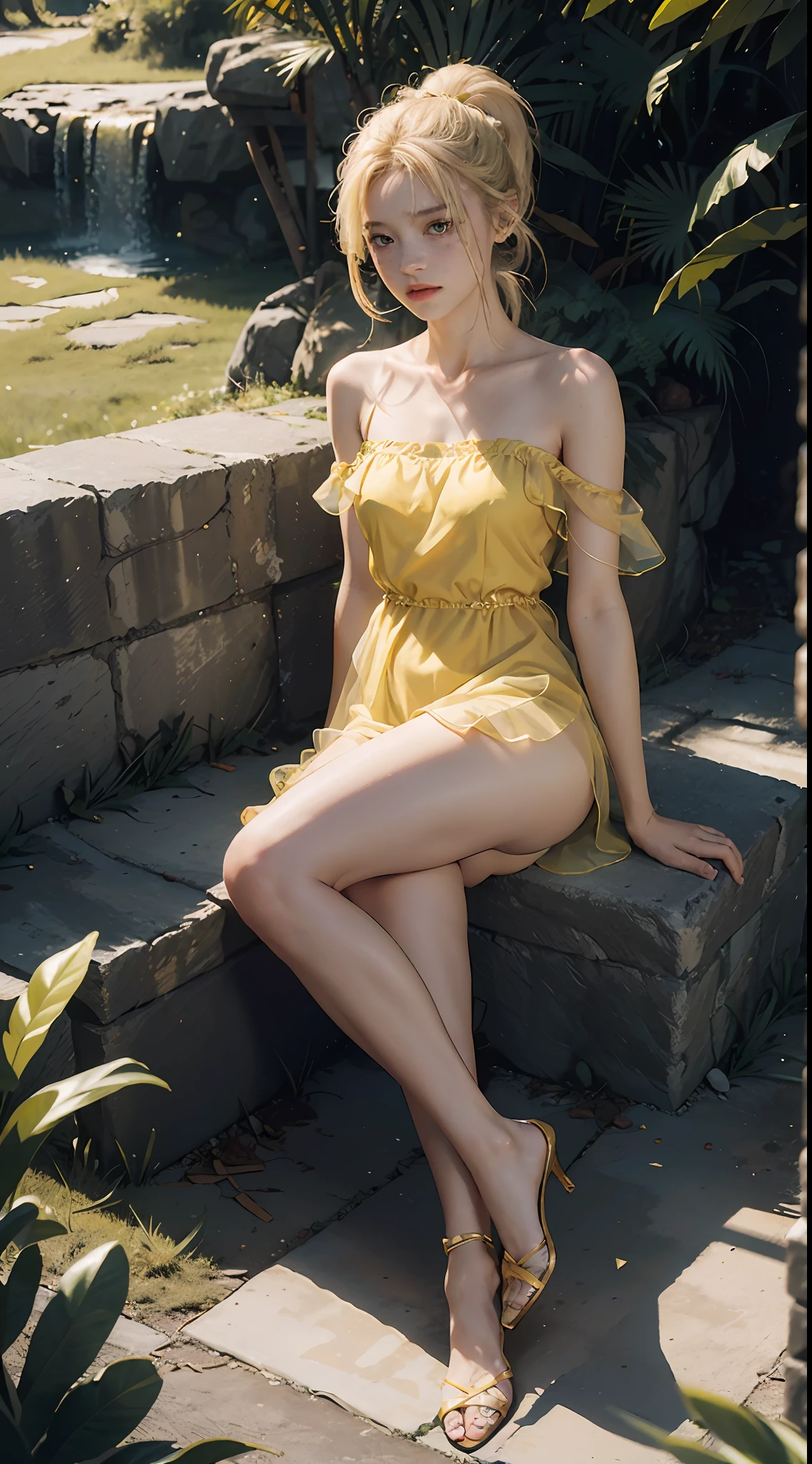 Best Quality, Masterpiece, Ultra High Resolution, (Realisticity: 1.4), Original Photo, 1Girl, Bare Shoulder, Bare Belly, Sheer Gauze Dress, Yellow Gauze Dress, Clear Tat, Yellow Coat, Green Double Ponytail, Hair Between Eyes, Hands on Legs, Hands on Legs, Rubbing Leg Roots, Freckles Under Eyes, Outdoor, Movie Lighting