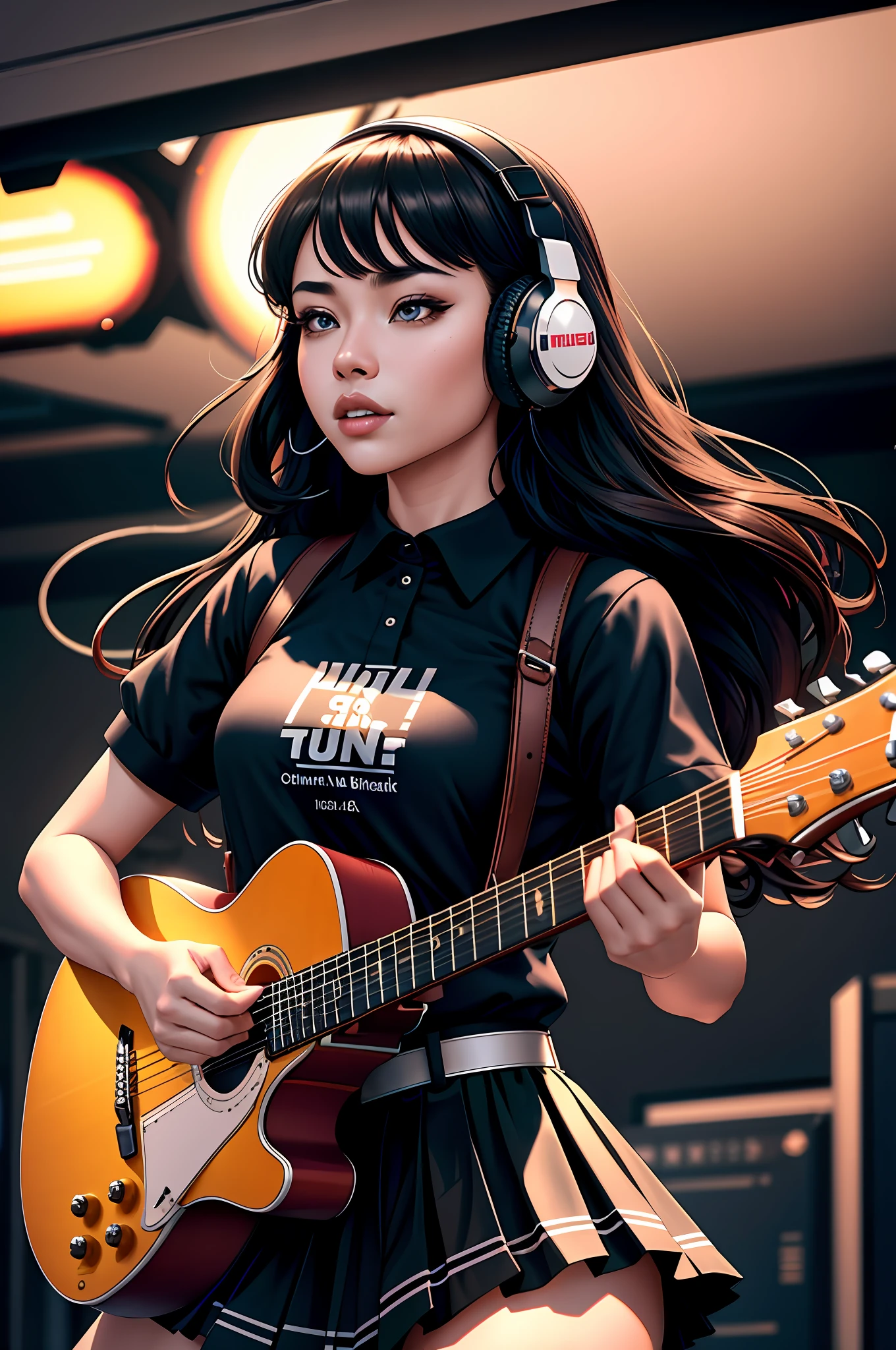 ((1girl)), (8k portrait of beautiful mixed asian woman, long black hair in the wind, sexy pink mouth, thick lips, brown eyes((cinematic light)), colorful, hyper detail, dramatic light, intricate details, best quality, (CG unit 8k extremely detailed wallpaper, masterpiece, best quality, ultra-detailed, best shadow), (detailed background: 1.4), (beautiful detailed face, beautiful detailed eyes), High contrast, (best lighting, an extremely delicate and beautiful), (girl: 1.5), solo, gothic skirt, brown eyes, electric guitar, guitar, headphones, instrument, long hair, music, side up, playing guitar, pleated skirt, black shirt, interior ((caustic)), dynamic angle, beautiful detailed brightness, whole body, neon light, pyrotechnics