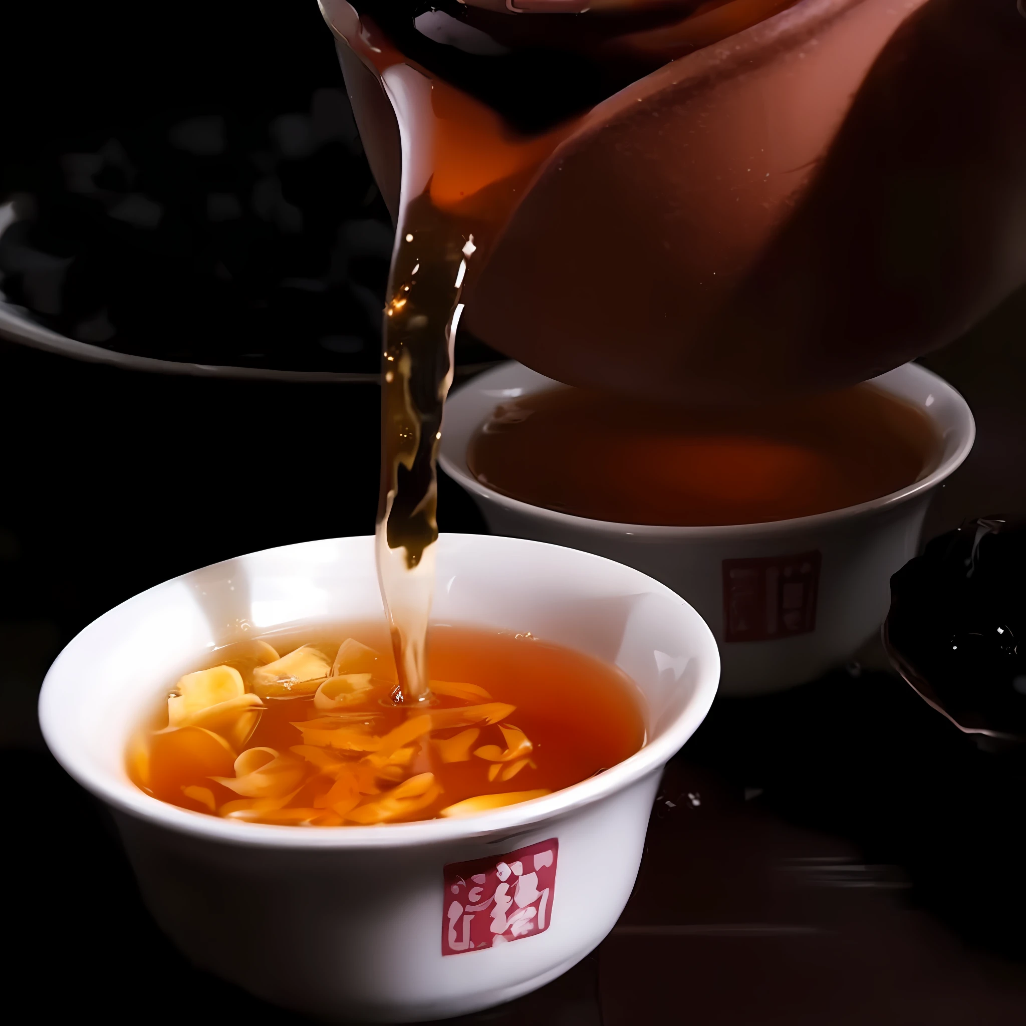 There is a man who pours tea into a cup on the table, it is ((drink a cup of tea)), Sichuan, Chinese Traditional, inspired by Cao Buxing, Wang Chen, drinking tea, Zhongyuan Festival, caramel, inspired by Cao Zhibai