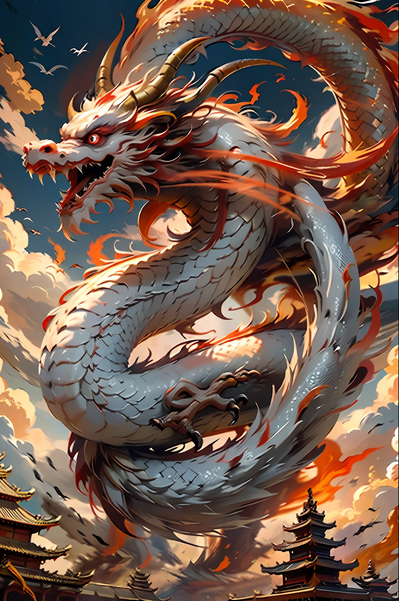 Best quality,masterpiece,ultra high res,nu no humans, (long:1.2),no humans, cloud, architecture, east asian architecture, red eyes, horns, open mouth, sky, fangs, eastern dragon, cloudy sky, teeth, flying, fire, bird, wings