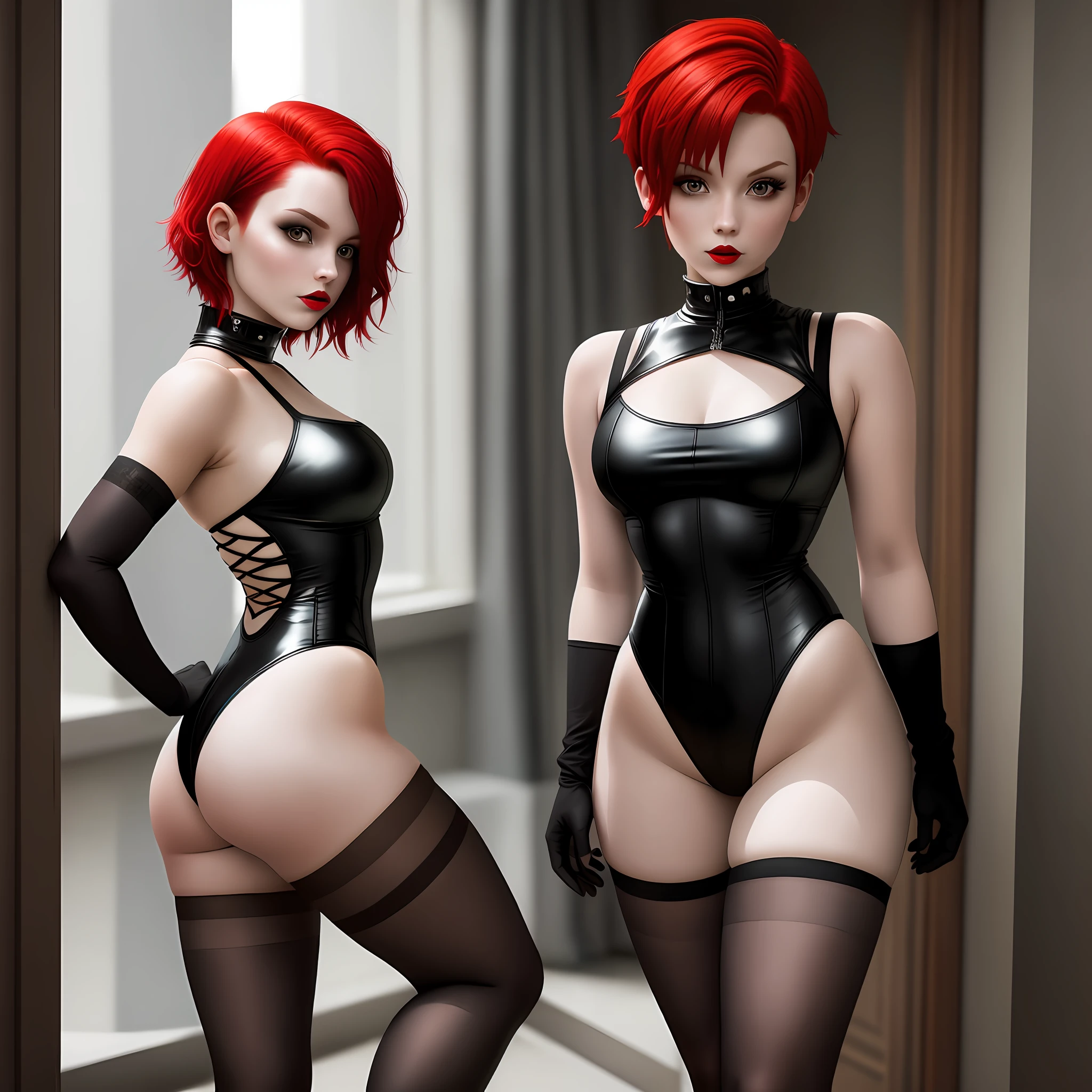 Goth short red haired sexy girl wearing leotard and high knee socks gloves fit butt