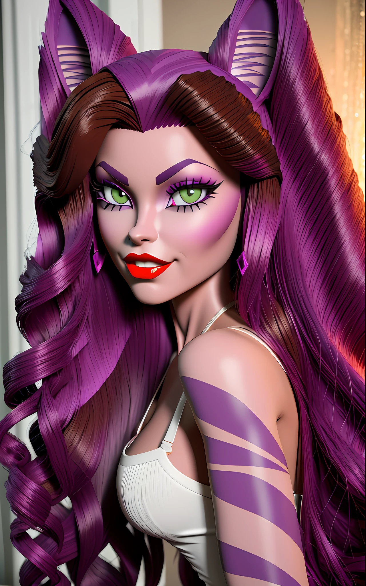 Clawdeen Wolf, Monster high, Curly hair,3d, soft lighting, brown skin, brown hair, realistic, red lips
