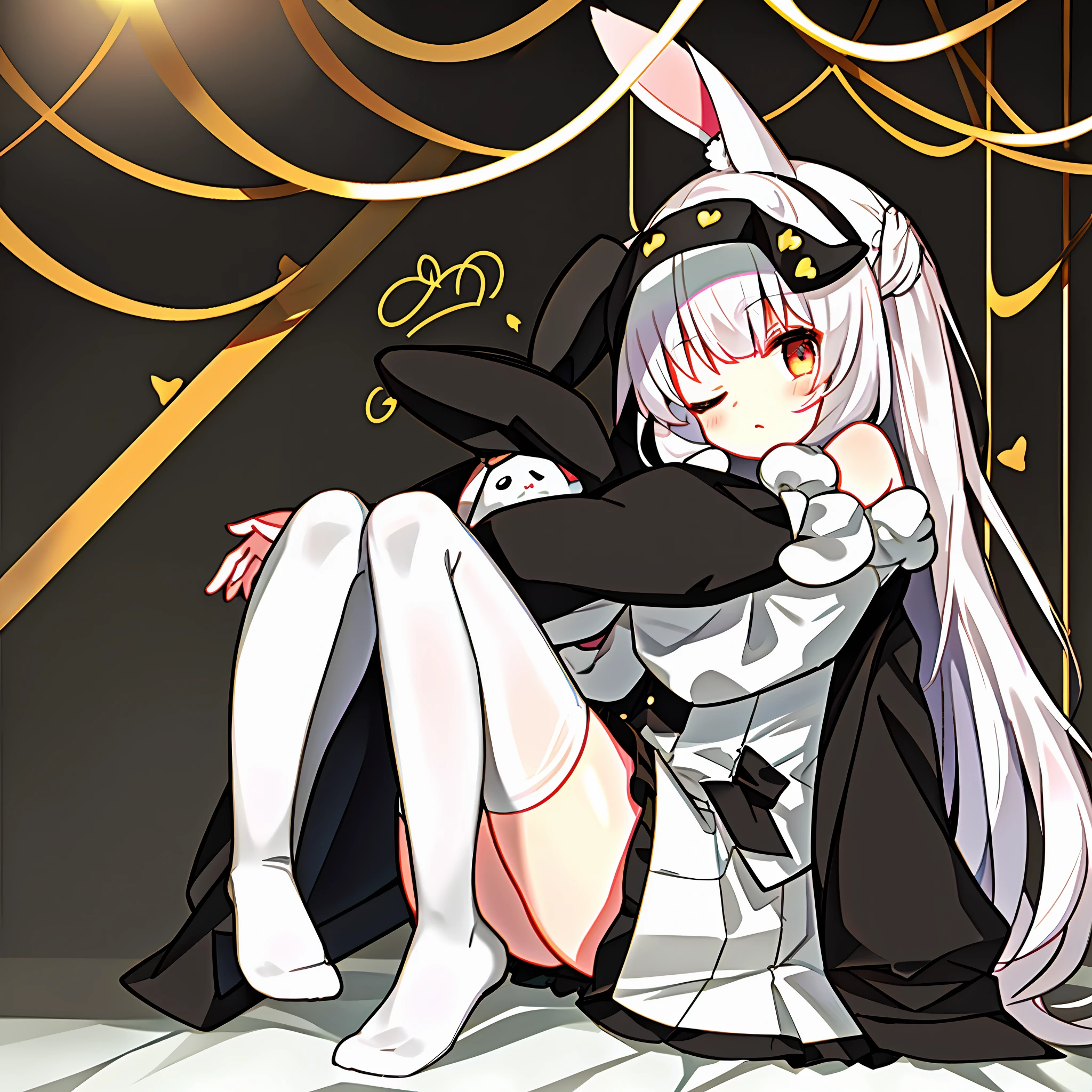 (heart: 1.2), (rating:safe: 1.2), (1girl: 1.2), (spoken_heart: 1.2), (long_hair: 1.2), (thighhighs: 1.1), (one_eye_closed: 1.1), (sleeves_past_wrists: 1.1), (very_long_hair), (solo), (blush), (animal_ears), white_legwear, off_shoulder, long_sleeves, curtains, bangs, dog_ears, sleep_mask, stuffed_animal, stuffed_toy, love_letter, heart_pillow, sitting, pillow, bare_shoulders, envelope, eyebrows_visible_through_hair, object_hug, sleeves_past_fingers, puffy_sleeves, looking_at_viewer, open_clothes, feet_out_of_frame, rabbit_ears, jacket, bow, no_shoes, stuffed_bunny, striped_background, knees_together_feet_apart, white_hair, brown_eyes, open_jacket, holding, silver_hair, bed_sheet, puffy_long_sleeves