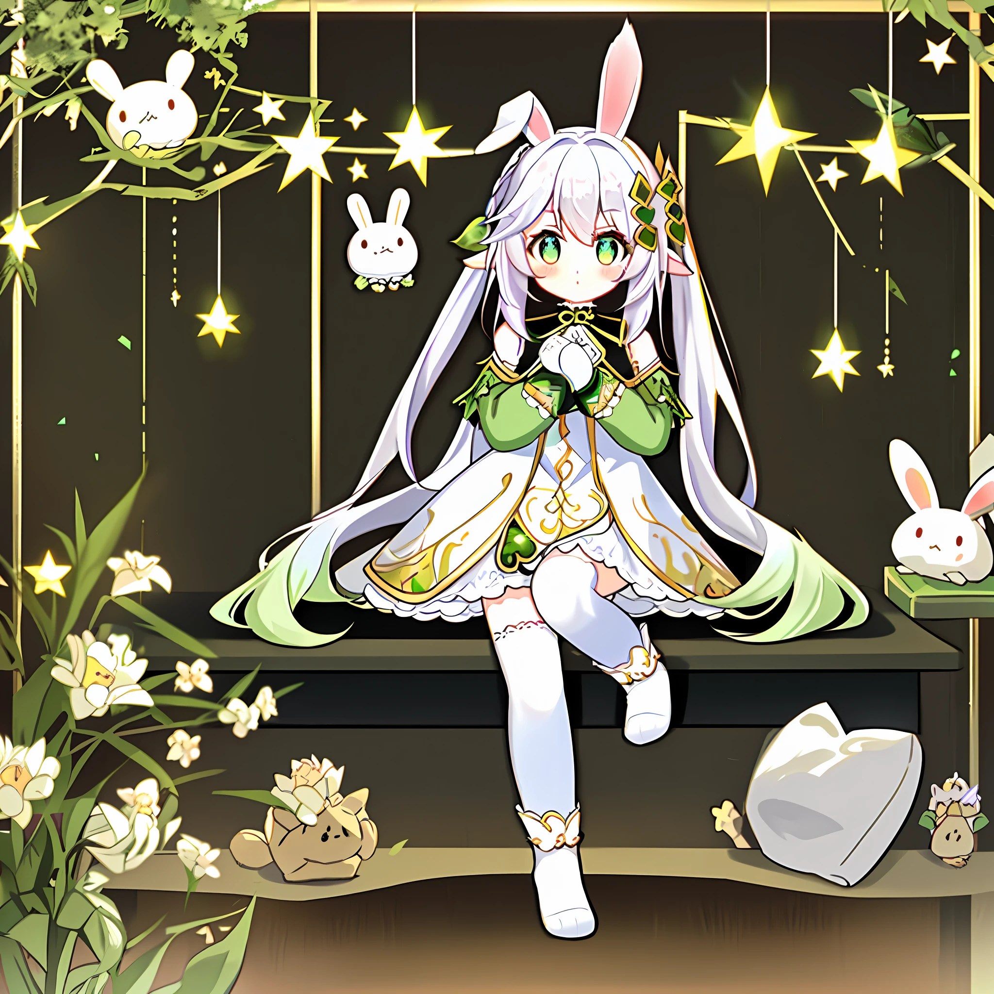 (heart: 1.2), (rating:safe: 1.2), (1girl: 1.2), (spoken_heart: 1.2), (long_hair: 1.2), (thighhighs: 1.1), (one_eye_closed: 1.1), (sleeves_past_wrists: 1.1), (very_long_hair), (solo), (blush), (animal_ears), white_legwear, off_shoulder, long_sleeves, curtains, bangs, dog_ears, sleep_mask, stuffed_animal, stuffed_toy, love_letter, heart_pillow, sitting, pillow, bare_shoulders, envelope, eyebrows_visible_through_hair, object_hug, sleeves_past_fingers, puffy_sleeves, looking_at_viewer, open_clothes, feet_out_of_frame, rabbit_ears, jacket, bow, no_shoes, stuffed_bunny, striped_background, knees_together_feet_apart, white_hair, brown_eyes, open_jacket, holding, silver_hair, bed_sheet, puffy_long_sleeves