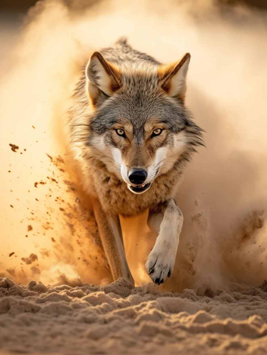 sand explosion,Full body portrait, angry wolf running to camera with dust blowing up, Ultra wide shot, hyperrealistic photography, style of unsplash and National Geographic, simple background,photorealistic, ultra fine details, blurred background from the speed, ultra sharp focus on the eye. High sharpness, facial symmetry, depth of field, golden hour, ultra detailed photography, Epic beautiful scene, cinematic, post production, depth of field, cinema photography, cinema, color grading, dark stormy sky, professional color grading, Beautiful back Lighting, Accent Lighting, Global Illumination, Lumen Global Illumination, Screen Space Global Illumination, Ray Tracing Global Illumination, Optics diffusion, Ambient Occlusion, Scattering, blurry background, Glowing Deep Shadows, Rough, Shimmering, Ray Tracing Reflections, Lumen Reflections, Screen Space Reflections, Diffraction Grading, Chromatic Aberration, CGI, VFX, SFX, insanely detailed and intricate, hypermaximalist, elegant, hyper realistic, super detailed, exquisite detail, 30 megapixel, camera depth blur , --ar 3:4