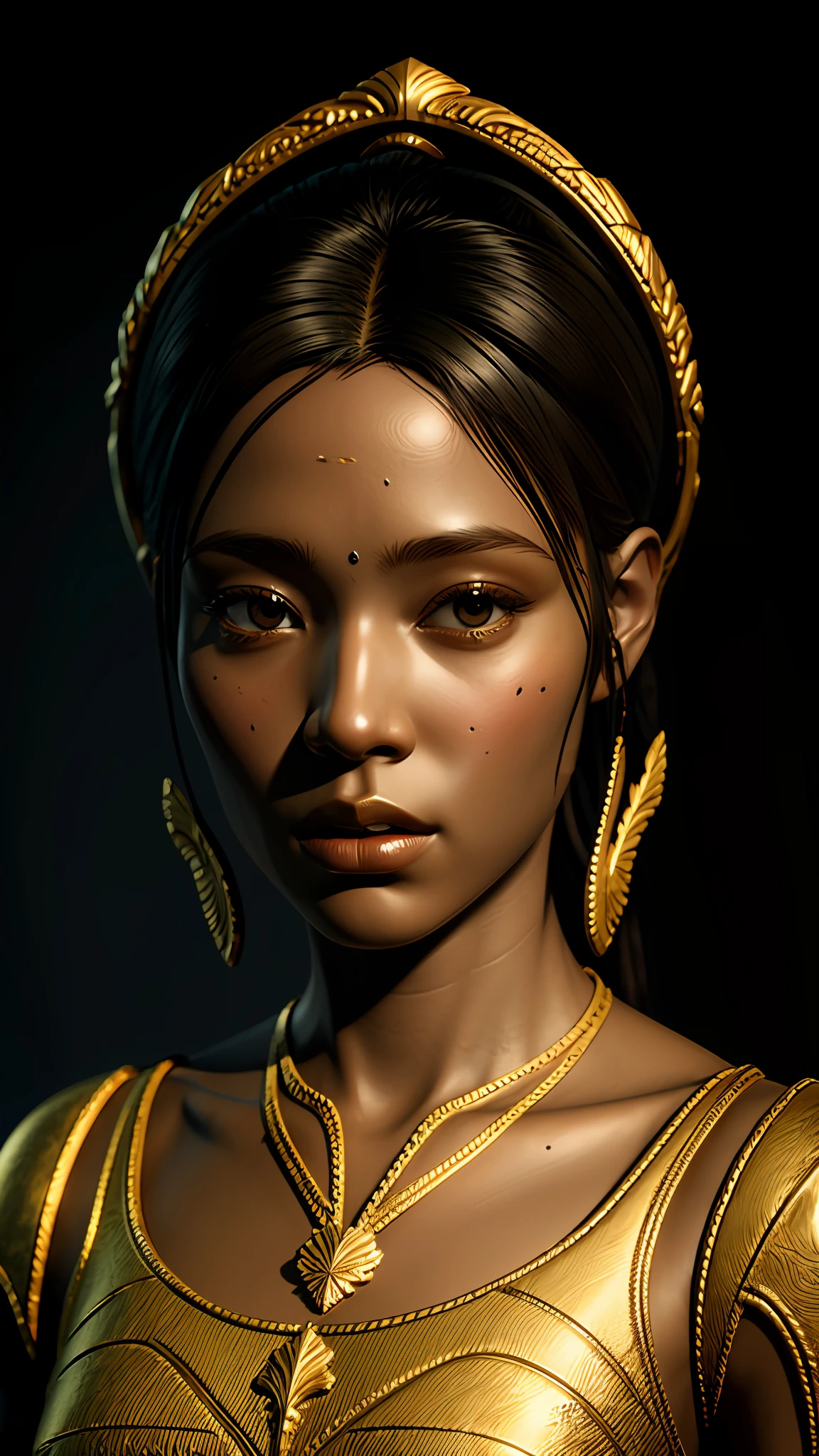 God of silence, black skin, golden hair,Highly detailed, very beautiful, quiet expression, trend in artstation, unreal engine 4 k, cinematic wallpaper