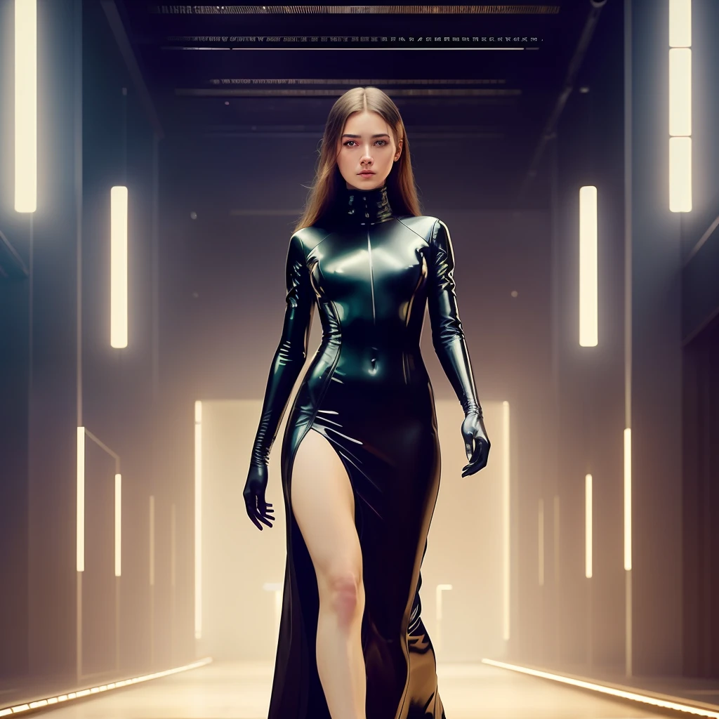 a hyper realistic ultra detailed photograph of a beautiful female model walking down a runway at a Calvin Klein Fashion Show, stunningly beautiful young woman in very high slit shiny material slip dress, spotlight, detailed symmetric beautiful hazel eyes, haute couture, delicate and beautiful face, trending on cg society, official valentino editorial, moonlight, medium symmetry, behance contest winner, portrait featured on unsplash, stylized digital art, smooth, ultra high definition, 8k, unreal engine 5, ultra sharp focus, award-winning photograph, Canon EOS 5D Mark IV DSLR, f/8, ISO 100, 1/250 second, TanvirTamim, trending on artstation, by artgerm, h. r. giger and beksinski, highly detailed, vibrant