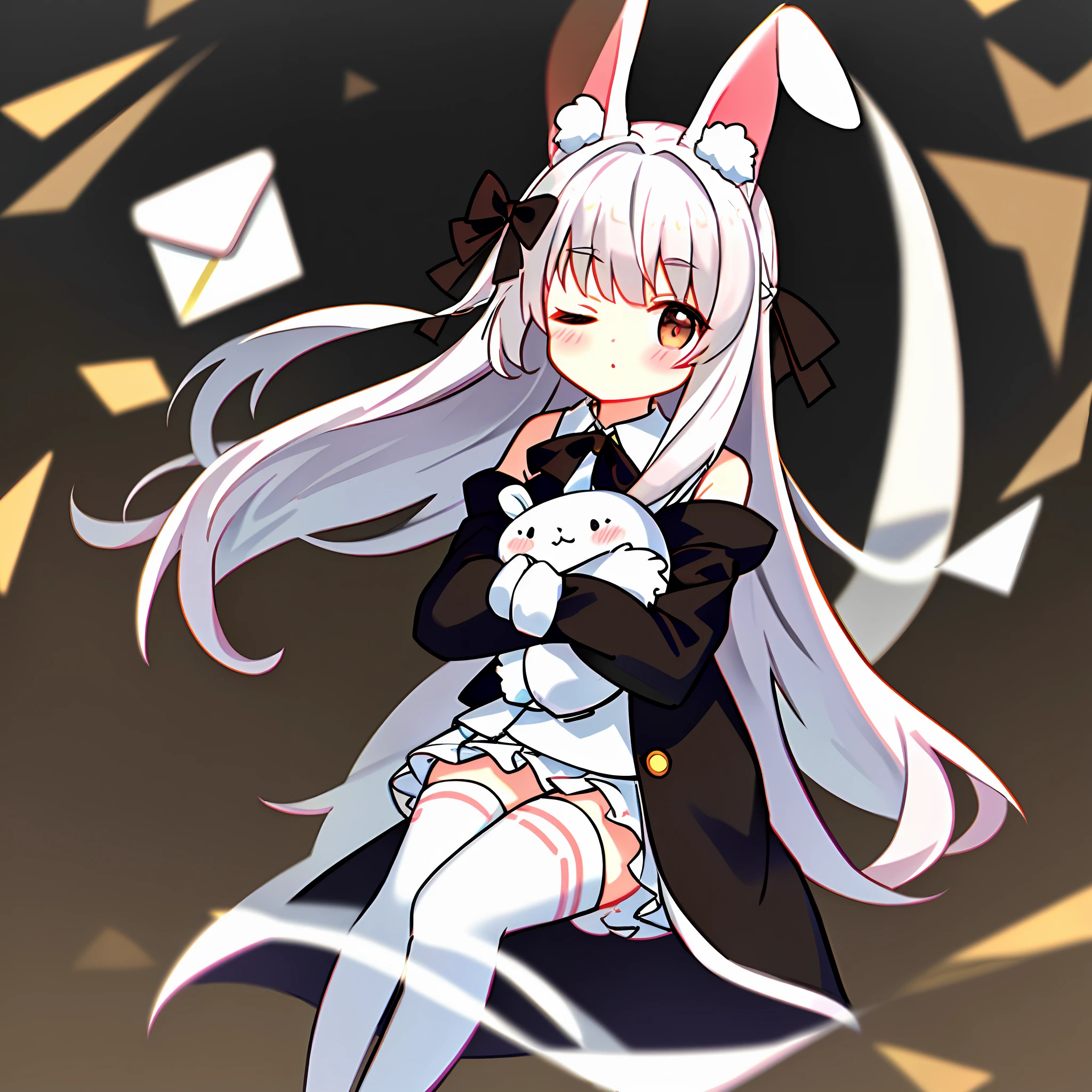 (heart: 1.2), (rating:safe: 1.2), (1girl: 1.2), (spoken_heart: 1.2), (long_hair: 1.2), (thighhighs: 1.1), (one_eye_closed: 1.1), (sleeves_past_wrists: 1.1), (very_long_hair), (solo), (blush), (animal_ears), white_legwear, off_shoulder, long_sleeves, curtains, bangs, dog_ears, sleep_mask, stuffed_animal, stuffed_toy, love_letter, heart_pillow, sitting, pillow, bare_shoulders, envelope, eyebrows_visible_through_hair, object_hug, sleeves_past_fingers, puffy_sleeves, looking_at_viewer, open_clothes, feet_out_of_frame, rabbit_ears, jacket, bow, no_shoes, stuffed_bunny, striped_background, knees_together_feet_apart, white_hair, brown_eyes, open_jacket, holding, silver_hair, bed_sheet, puffy_long_sleeves
