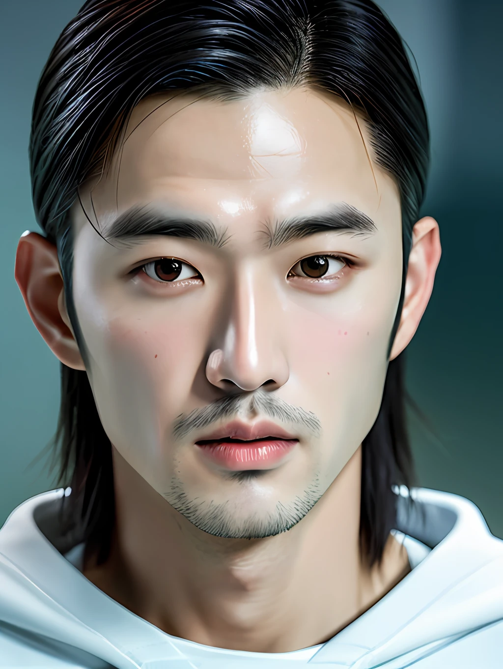 realistic photos of (1 handsome korean man), comb over hair, sitting lonely in the night, clear facial features of Canon EOS, close up, 8K high resolution, realistic details, masterpiece, cut-in, diffraction spikes, chromatic aberration abuse, UHD, retina, masterpiece