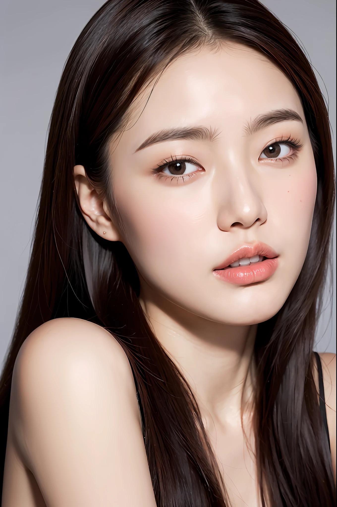 Realistic photo of (1 cute Korean actress) long straight hair, thin makeup, medium breasts, long dress, close up, Canon EOS clear facial features 8K high resolution, sharp detail, realistically