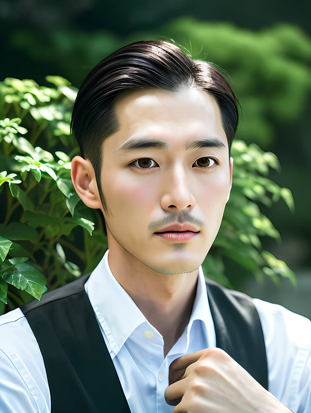 realistic photos of (1 handsome korean man), comb over hair, sitting lonely, at the garden, clear facial features of Canon EOS, close up, 8K high resolution, realistic details, masterpiece, diffraction spikes, chromatic aberration abuse, UHD, retina, masterpiece