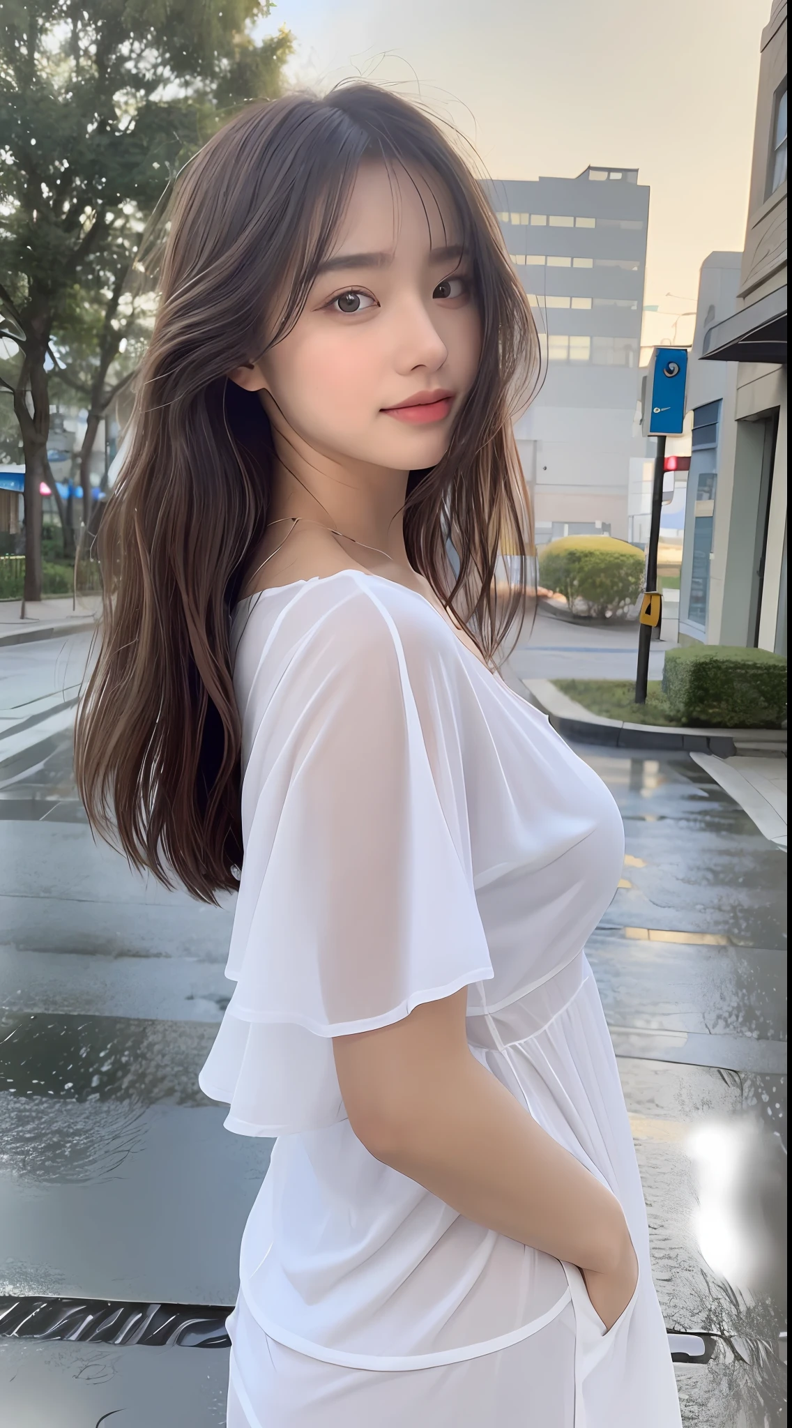 ((Best Quality, 8K, Masterpiece:1.3)), Focus: 1.2, Perfect Body Beauty: 1.4, Buttocks: 1.2, ((Layered Haircut, Breasts: 1.2)), (Wet Clothes: 1.1) , (Rain, Street:1.3), Bandeau Dress: 1.1, Highly Detailed Face and Skin Texture, Delicate Eyes, Double Eyelids, Whitened Skin, Long Hair