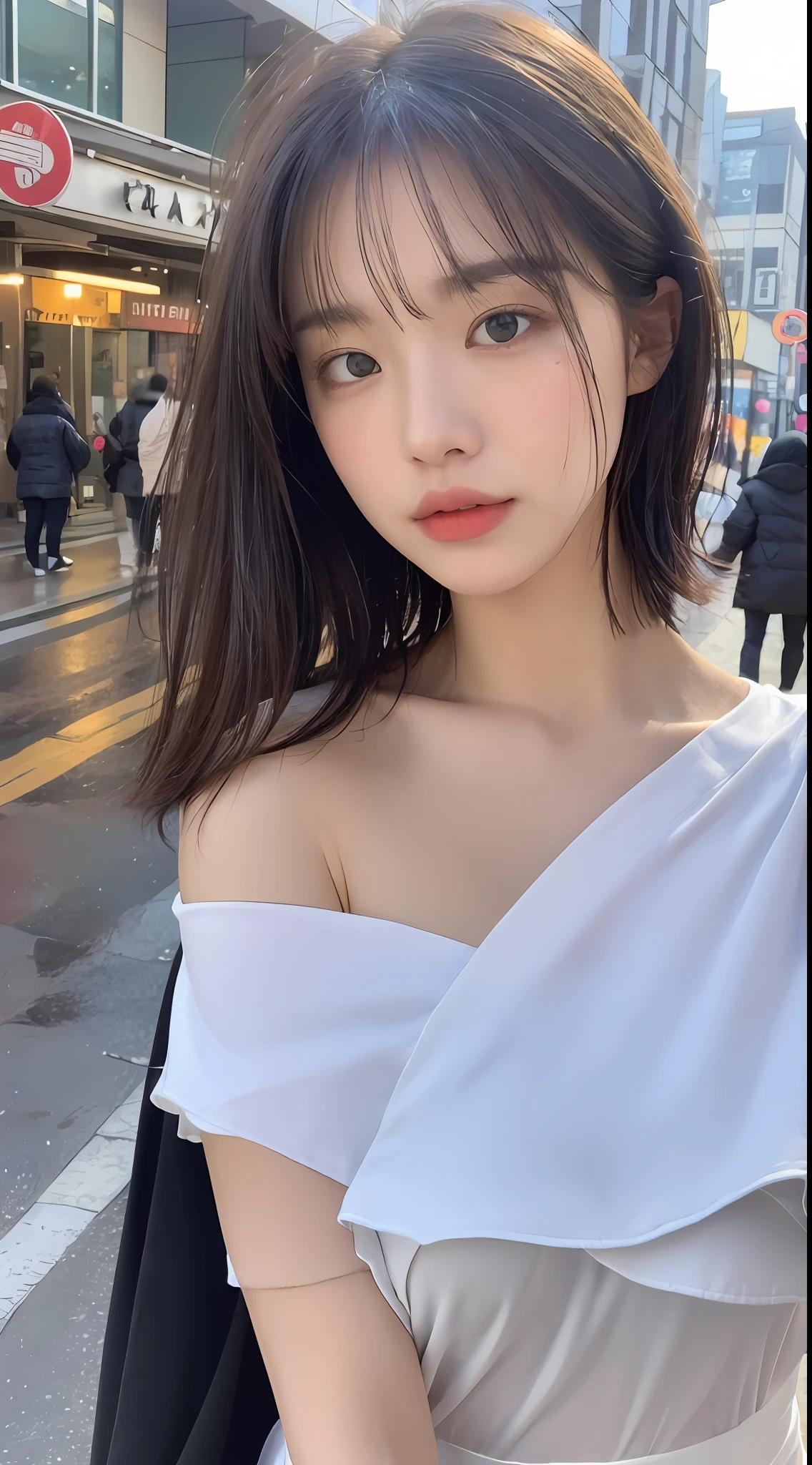((Best Quality, 8K, Masterpiece:1.3)), Focus: 1.2, Perfect Body Beauty: 1.4, Buttocks: 1.2, ((Layered Haircut, Breasts: 1.2)), (Wet Clothes: 1.1) , (Rain, Street:1.3), Bandeau Dress: 1.1, Highly Detailed Face and Skin Texture, Delicate Eyes, Double Eyelids, Whitened Skin, Long Hair