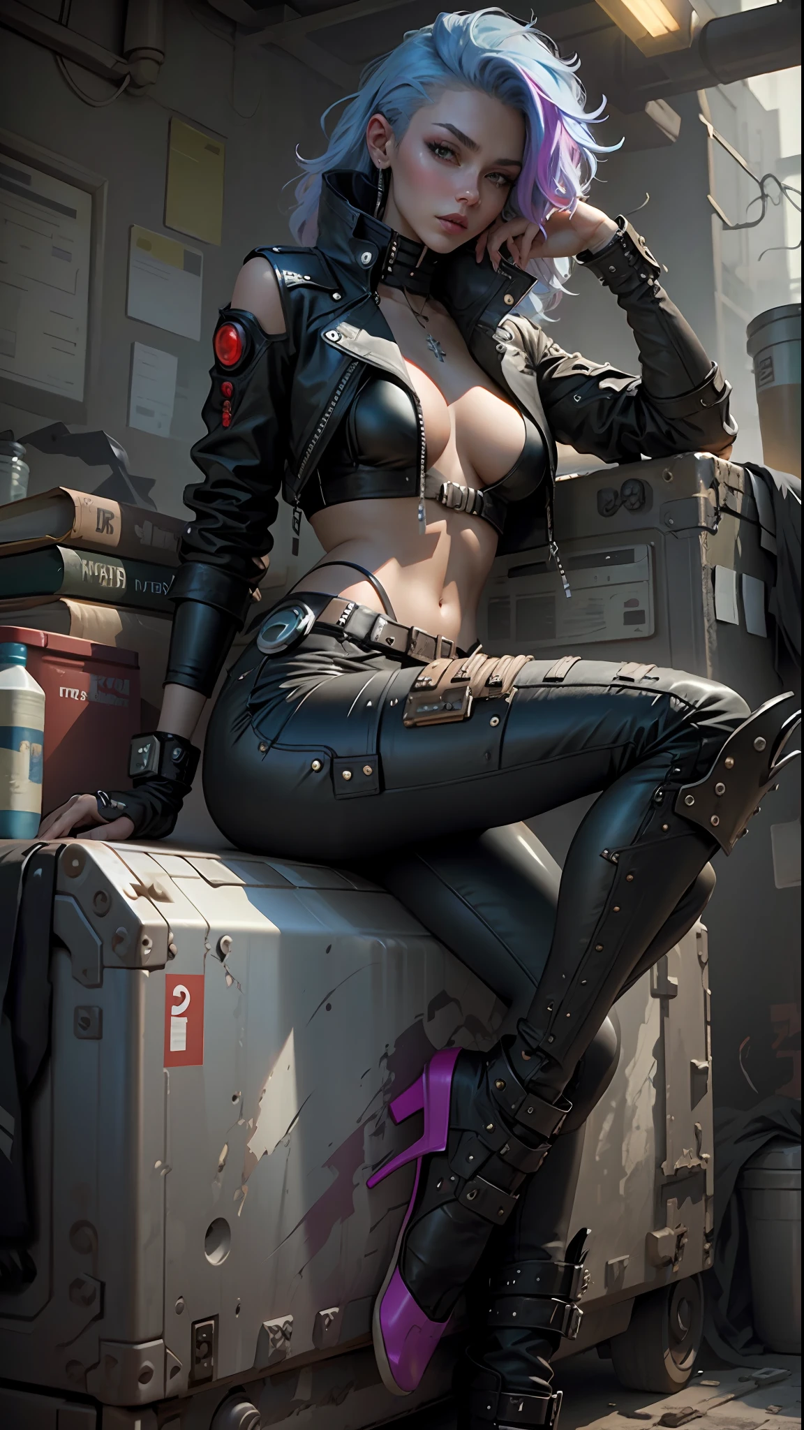 Beautiful woman colored hair, sitting cross-legged sexy leather clothes long breasts cyberpunk style realistic detailed