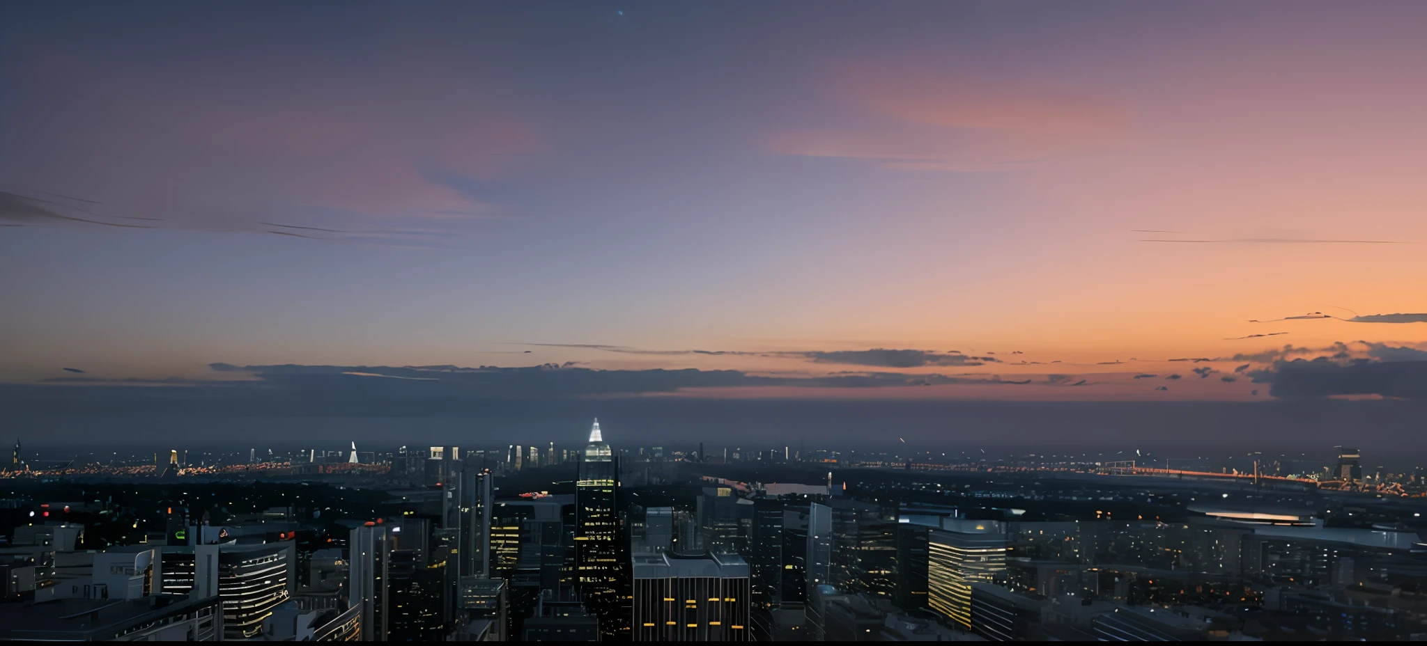 (Masterpiece), ((Hyperrealistic)), (Film Quality), Ultra Wide Angle, Very Fine Detail, Realistic, Summer Evening, City, Skyscrapers, Stacks, Brilliant Lights, Sunset, Burning Clouds, Sky Blue, Pink, A New Moon Hangs in the Sky,