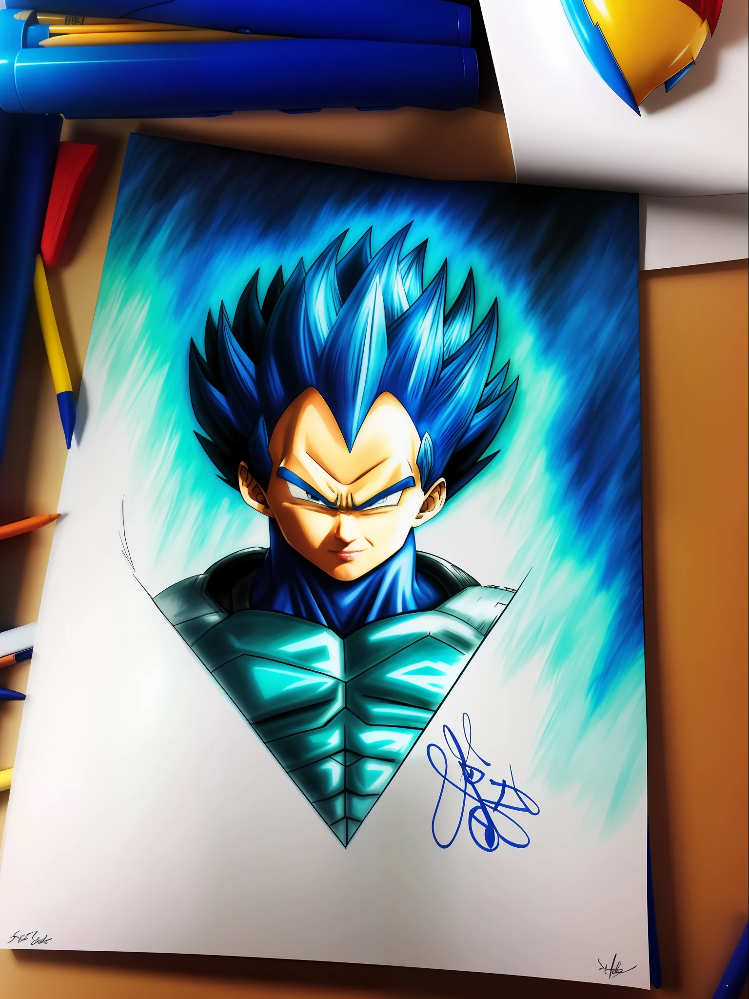 a closeup of a drawing of a blue haired Vegeta, high quality colored sketch, vegeta, with vegeta head hair, super saiyan blue, an anime drawing, Vegeta portrait, high quality fanart, inspired by Toriyama Sekien, dragonball character, dragon ball vegeta, anime drawing, highly detailed portrait of Vegeta, colorful drawing,  Prince Vegeta.