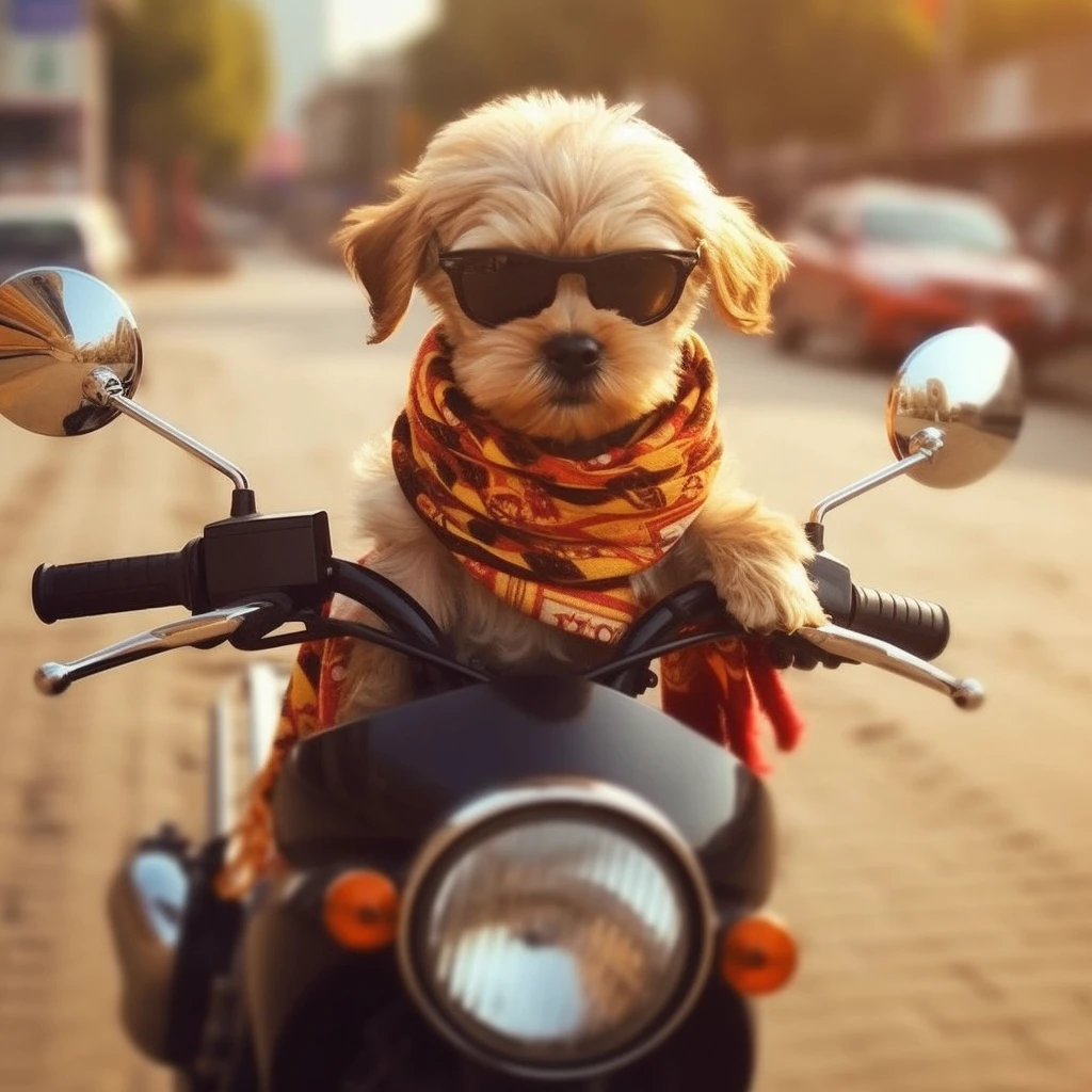 Cute puppy riding a motorcycle, sunglasses, gold necklace, scarf