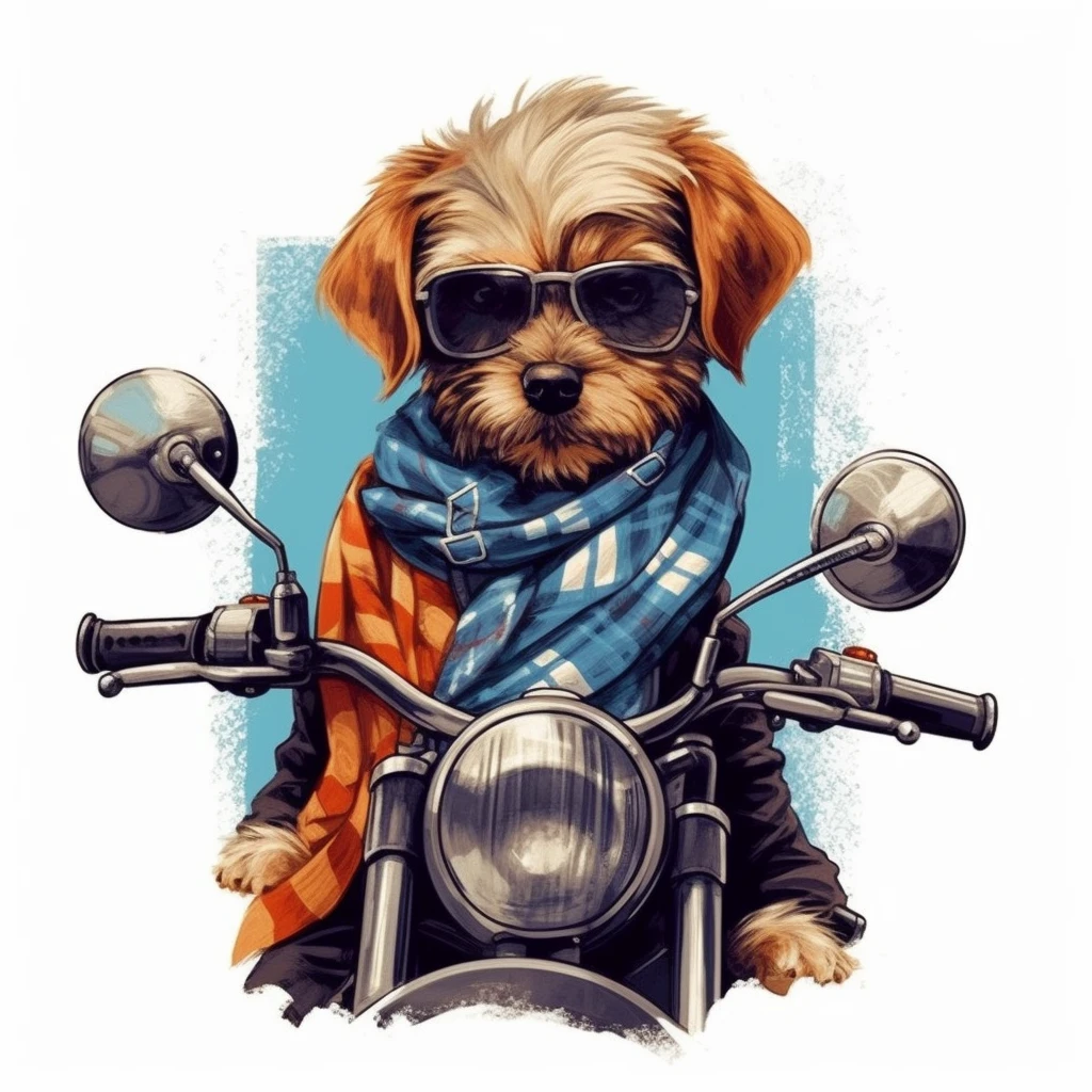 Cute puppy riding a motorcycle, sunglasses, gold necklace, scarf
