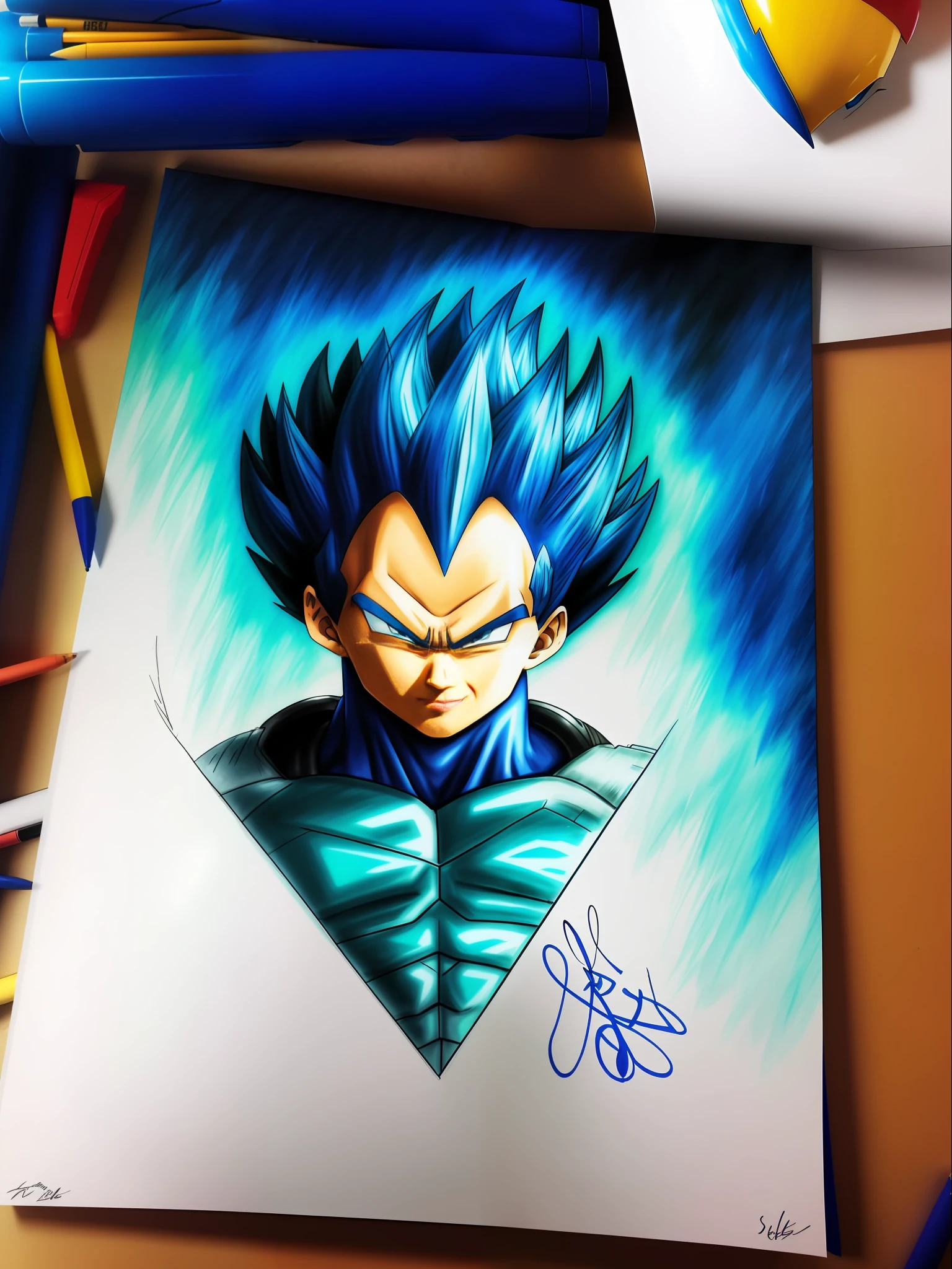 a closeup of a drawing of a blue haired Vegeta, high quality colored sketch, vegeta, with vegeta head hair, super saiyan blue, an anime drawing, Vegeta portrait, high quality fanart, inspired by Toriyama Sekien, dragonball character, dragon ball vegeta, anime drawing, highly detailed portrait of Vegeta, colorful drawing, Prince Vegeta.
