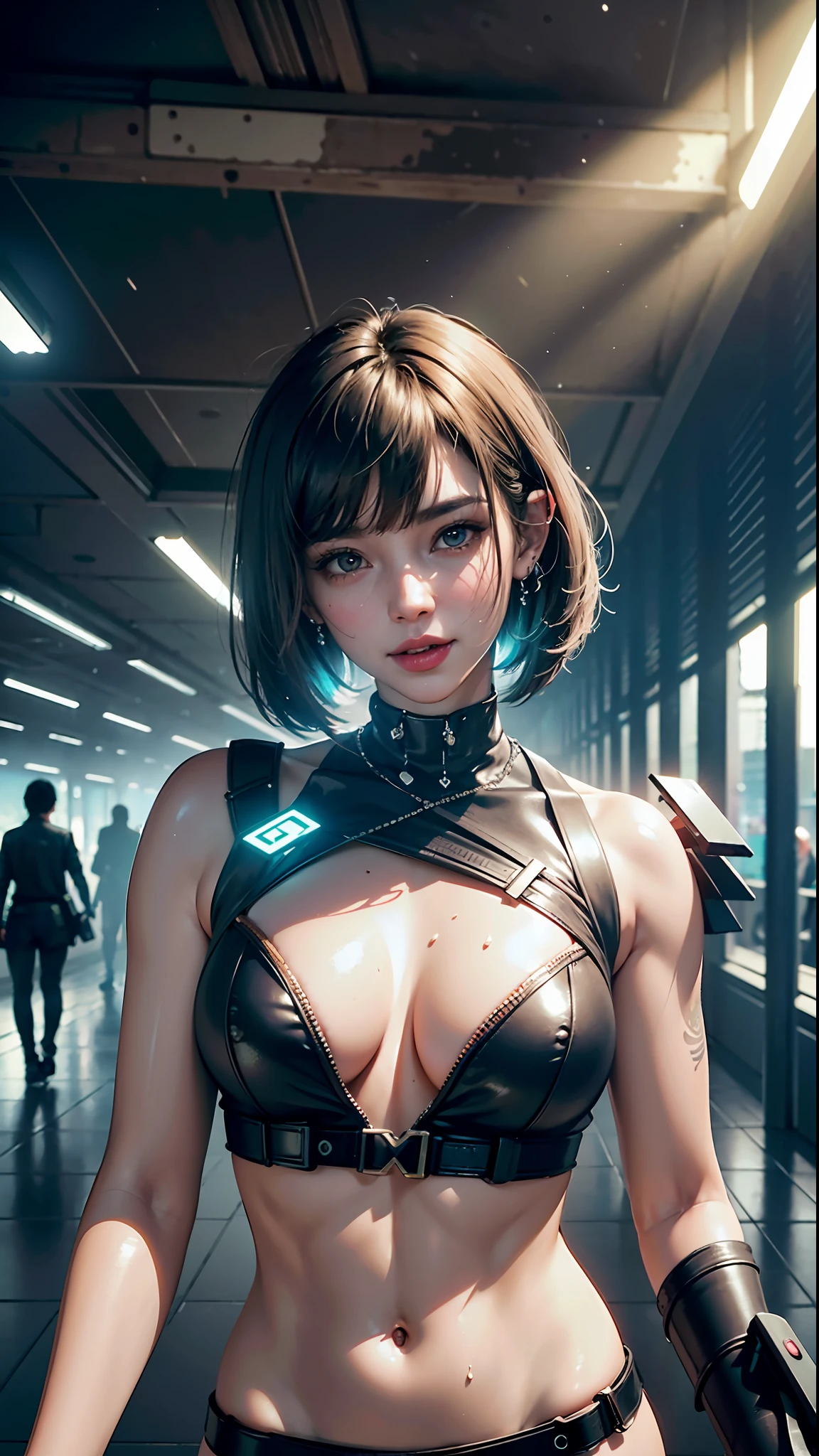 ((Best Quality)), ((Masterpiece)), (High Definition:1.3), 3D, Beautiful (Cyberpunk:1.3), Morning Black Beach, Palm Trees, Corporate Logo, HDR (High Dynamic Range), Ray Tracing, NVIDIA RTX, Super Resolution, Unreal 5, Subsurface Scattering, PBR Texturing, Post-Processing, Anisotropic Filtering, Depth of Field , Maximum clarity and sharpness, multi-layer textures, albedo maps and specular maps, surface shading, accurate simulation of light-material interactions, perfect proportions, octane rendering, two-tone lighting, low ISO, white balance, rule of thirds, wide aperture, 8K RAW, efficient subpixel, subpixel convolution, luminescent particles, smiling smile, Walking pose, yellow lip grease, ear piercings are glass and large heart shaped, glowing piercings, lips are thick, sweat is great, the floor is wet, tattoos, hair color is two-tone, tongue, brown skin, lens flare, foggy, bangs are horizontal cut, cropped bob cut hair, gentle, butterflies are flying, leaking, eating ice cream, nipple piercings,