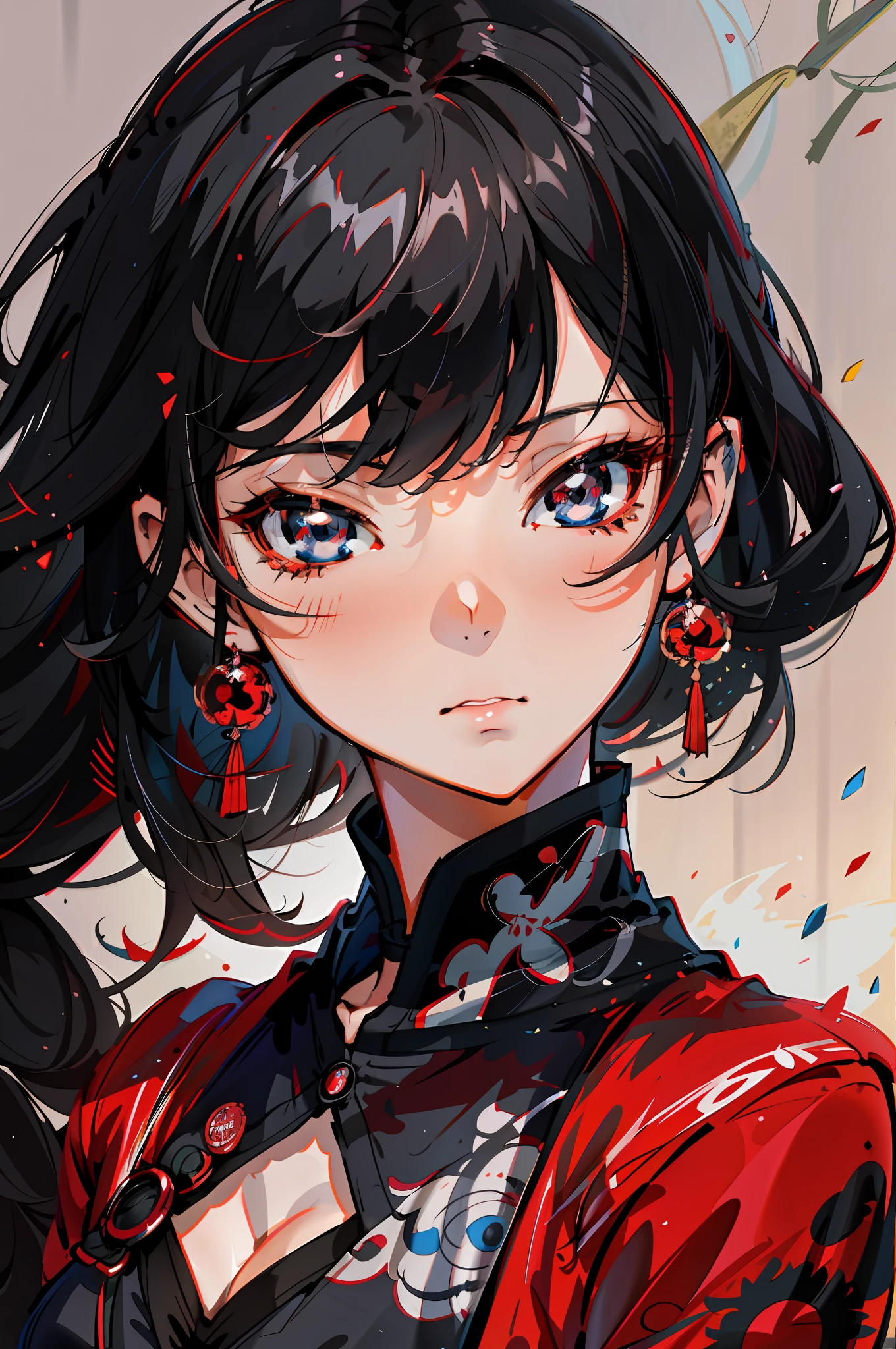 anime girl with black hair and blue eyes wearing a red jacket, detailed digital anime art, detailed portrait of anime girl, guweiz, anime style portrait, beautiful anime portrait, stunning anime face portrait, anime style 4 k, alice x. zhang, by Yang J, rossdraws portrait, digital anime illustration, artwork in the style of guweiz