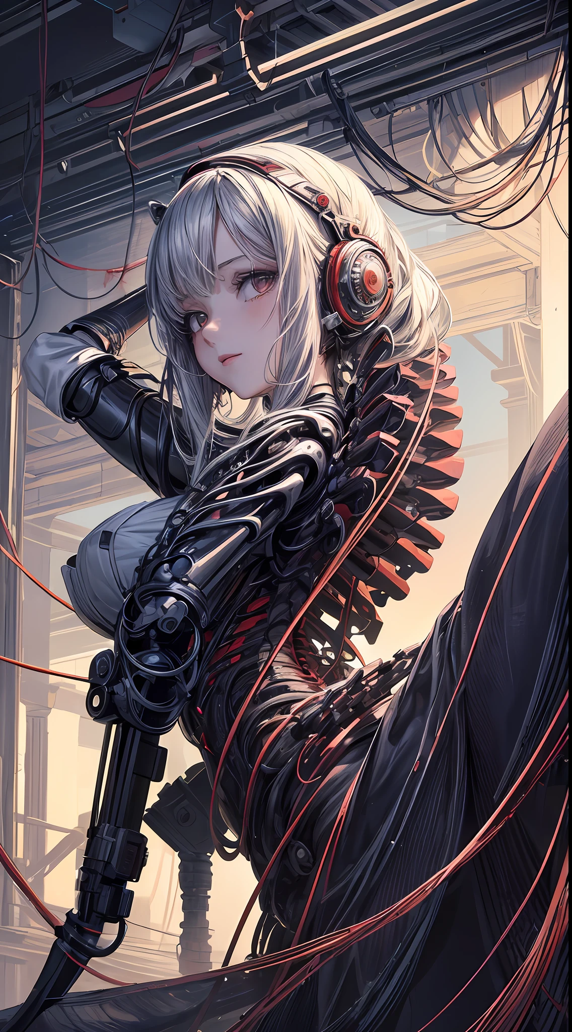 (((masterpiece))), ((best quality)), (ultra-detailed), (CG illustration), (an extremely devious and beautiful)), cinematic light, ((1 mechanical girl)), single, (machine-made joints: 1.4), ((mechanical limbs)), ( blood vessels attached to the tube), ((mechanical spine attached to the back)), ((mechanical cervical vertebrae attached to the neck), ((back to the viewer)), expressionless, (wires and cables attached to the head and body: 1.5), science fiction, apocalypse, ruins
