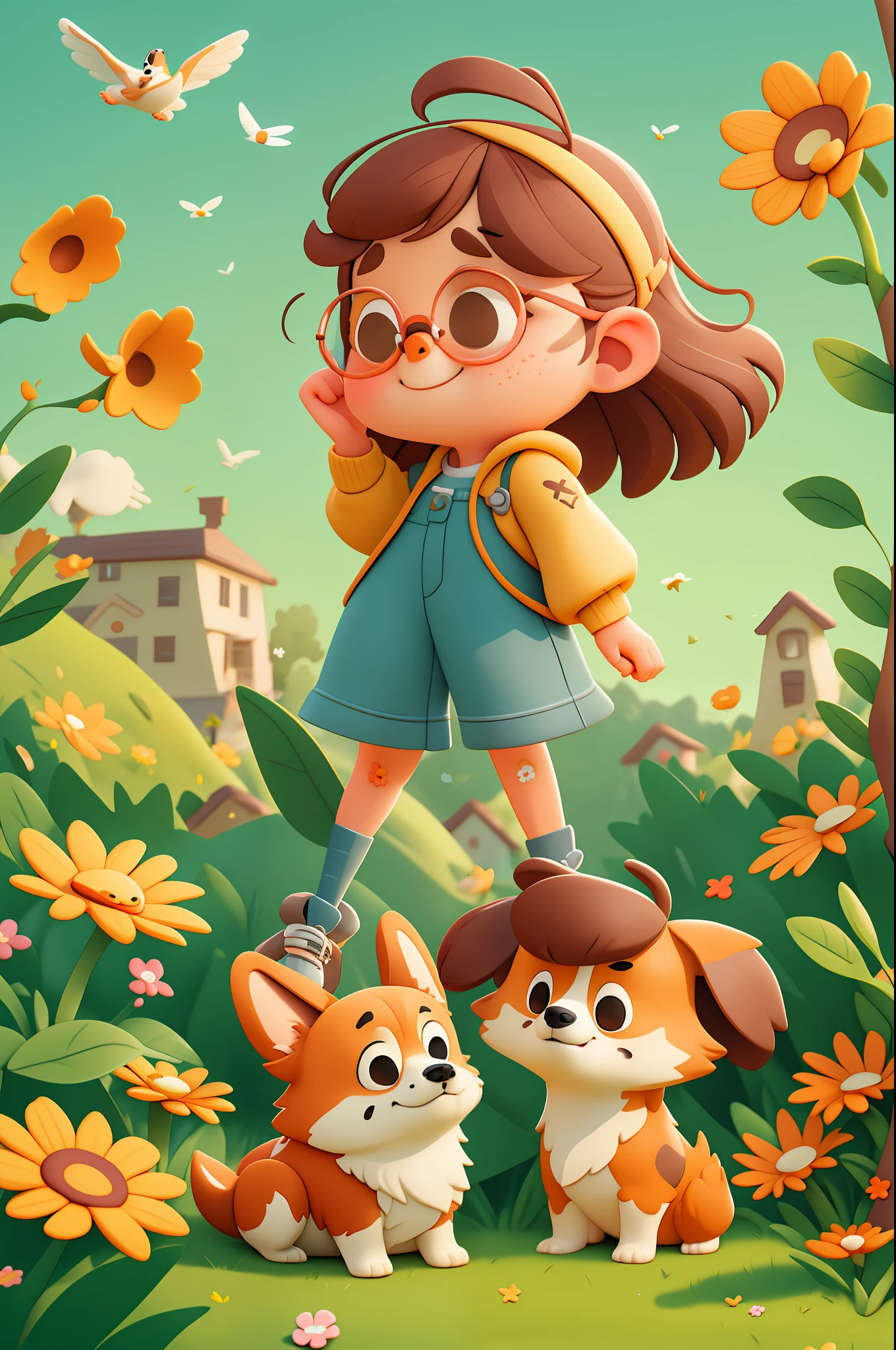 Cartoon style, (Pixar style), a cute girl and a corgi puppy, girl reaches out to touch corgi's head, warm interactive atmosphere, outdoors, clear sky, park lawn, 3D, Unreal Engine, detailed face, soft sunlight, glare, birds, flowers