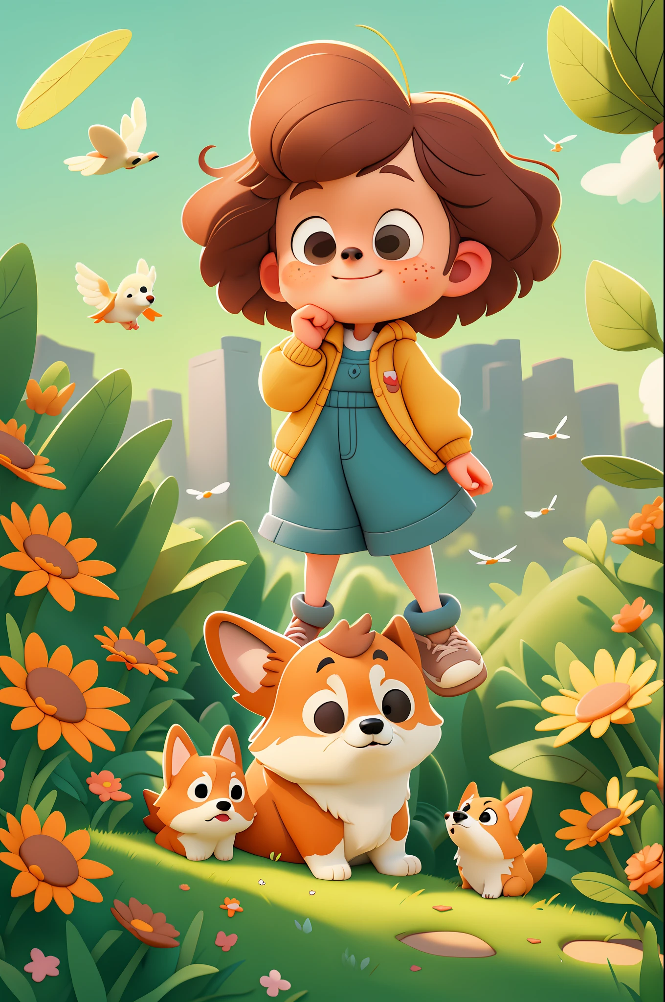 Cartoon style, (Pixar style), a cute girl and a corgi puppy, girl reaches out to touch corgi's head, warm interactive atmosphere, outdoors, clear sky, park lawn, 3D, Unreal Engine, detailed face, soft sunlight, glare, birds, flowers