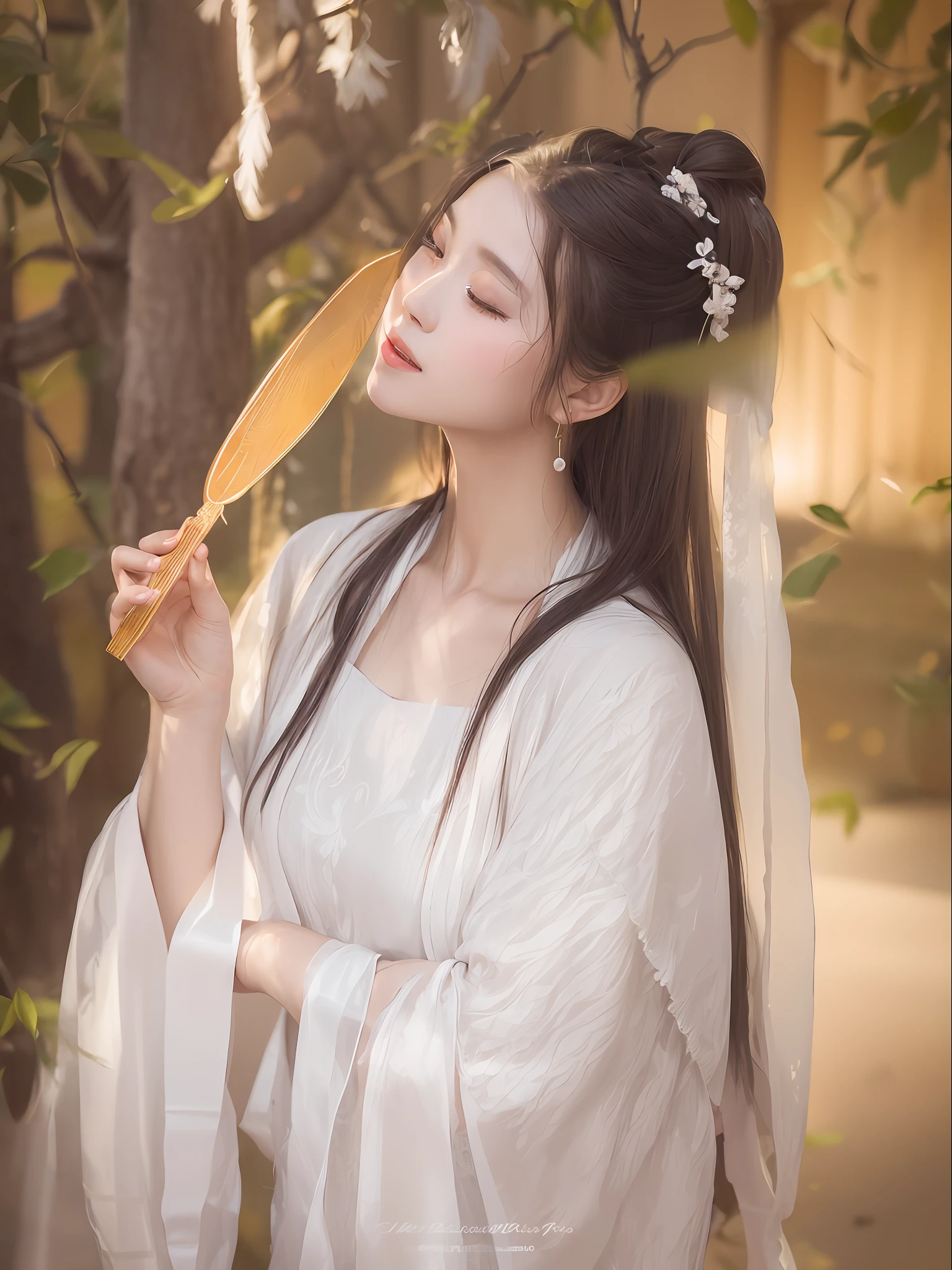 arafed woman in a white dress holding a fan in her hand, palace , a girl in hanfu, hanfu, wearing ancient chinese clothes, ancient chinese beauties, inspired by Qiu Ying, white hanfu, traditional beauty, inspired by Huang Ji, inspired by Tang Yifen, traditional chinese clothing, with acient chinese clothes, inspired by Lan Ying