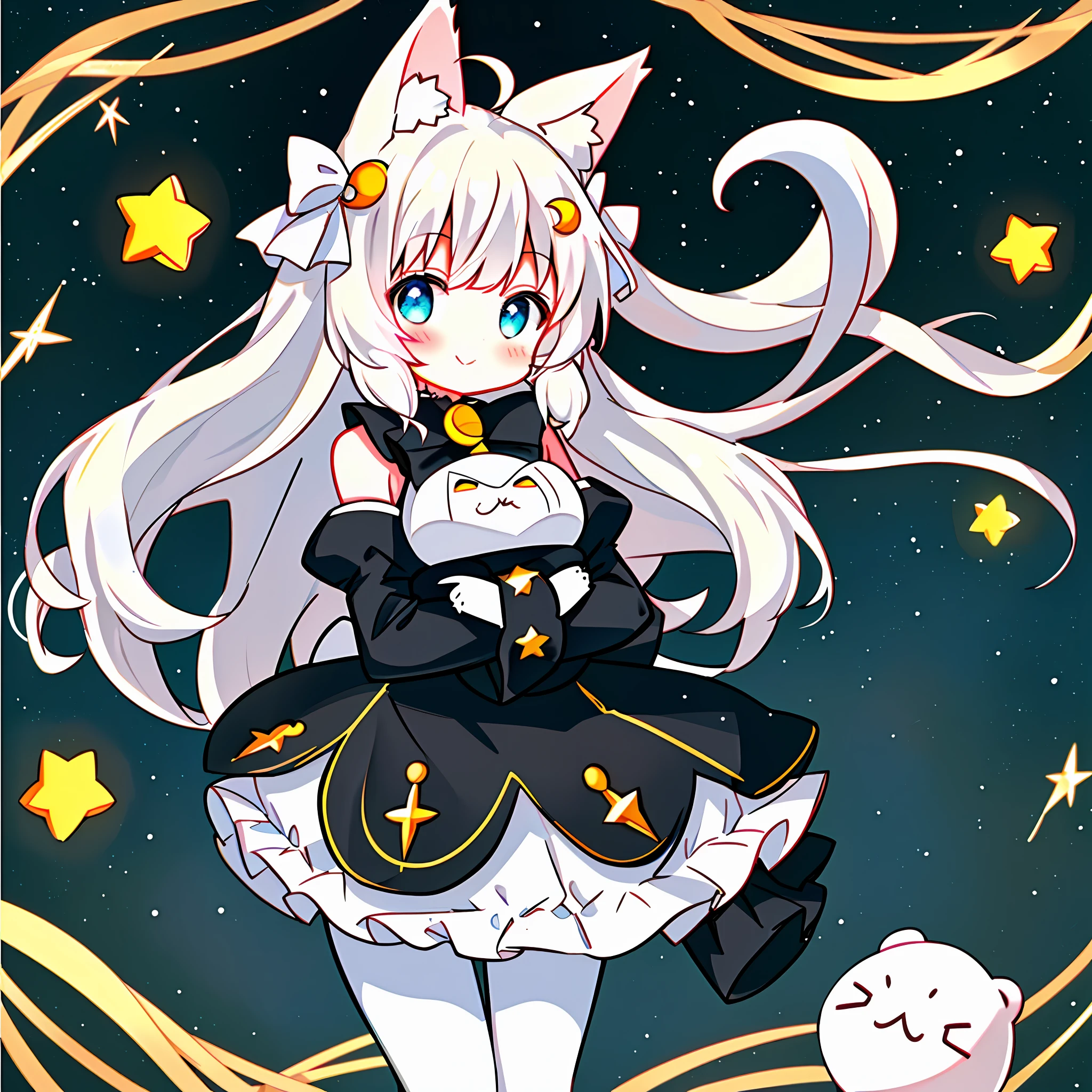(moon: 1.2), (crescent_moon: 1.2), (star_(sky): 1.2), (rating:safe: 1.2), (starry_sky: 1.2), (night_sky: 1.2), (1girl: 1.2), (full_moon: 1.2), (cat: 1.2), (night: 1.2), (animal: 1.2), (white_cat: 1.2), (animal_ears: 1.2), (bunny: 1.2), (stuffed_cat: 1.2), (long_hair: 1.2), (cat_ears: 1.1), (white_dress: 1.1), (sky: 1.1), (balloon: 1.1), (crescent: 1.1), (space: 1.1), (dress), (animal_ear_fluff), (ghost), (very_long_hair), white_legwear, blush, snowman, long_sleeves, :3, star_(symbol), creature, bare_shoulders, stuffed_animal, seal_(animal), sleeves_past_wrists, smile, bangs, shooting_star, white_sleeves, bow, cat_girl, cat_tail, planet, puffy_sleeves, stuffed_toy, pantyhose, tippy_(gochiusa), moogle, animal_on_shoulder, white_bow, starry_sky_print, bear, finger_to_mouth, off_shoulder, solo, signature, boo_(mario), ahoge, wide_sleeves, medium_breasts, hair_ornament, tail, breasts, tail_raised, cloud, eyebrows_visible_through_hair, animal_hug, white_hair, parted_lips, detached_sleeves, rabbit_yukine, hand_up, constellation, bird, index_finger_raised, black_cat, starry_background, looking_at_viewer, frills,