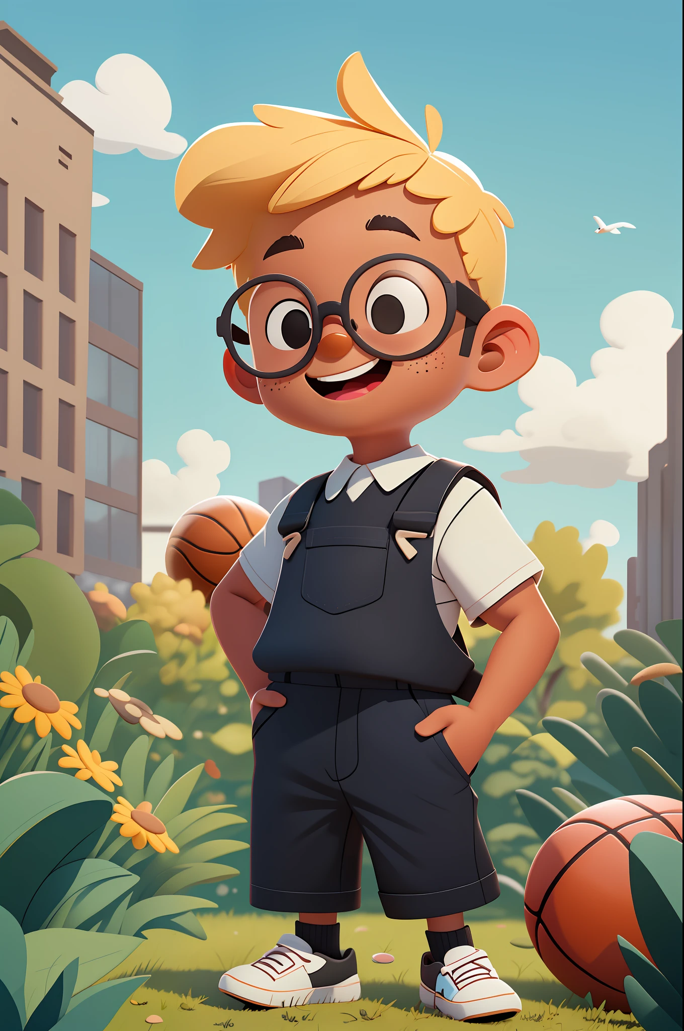 A happy cute boy, portrait, black frame glasses, dark skin, blonde, wearing black t-shirt and khaki suspenders, playing basketball, outdoors, blue sky and white clouds, park, , cartoon, pixar style, 3d, cartoon, detailed face, asymmetrical, upper body