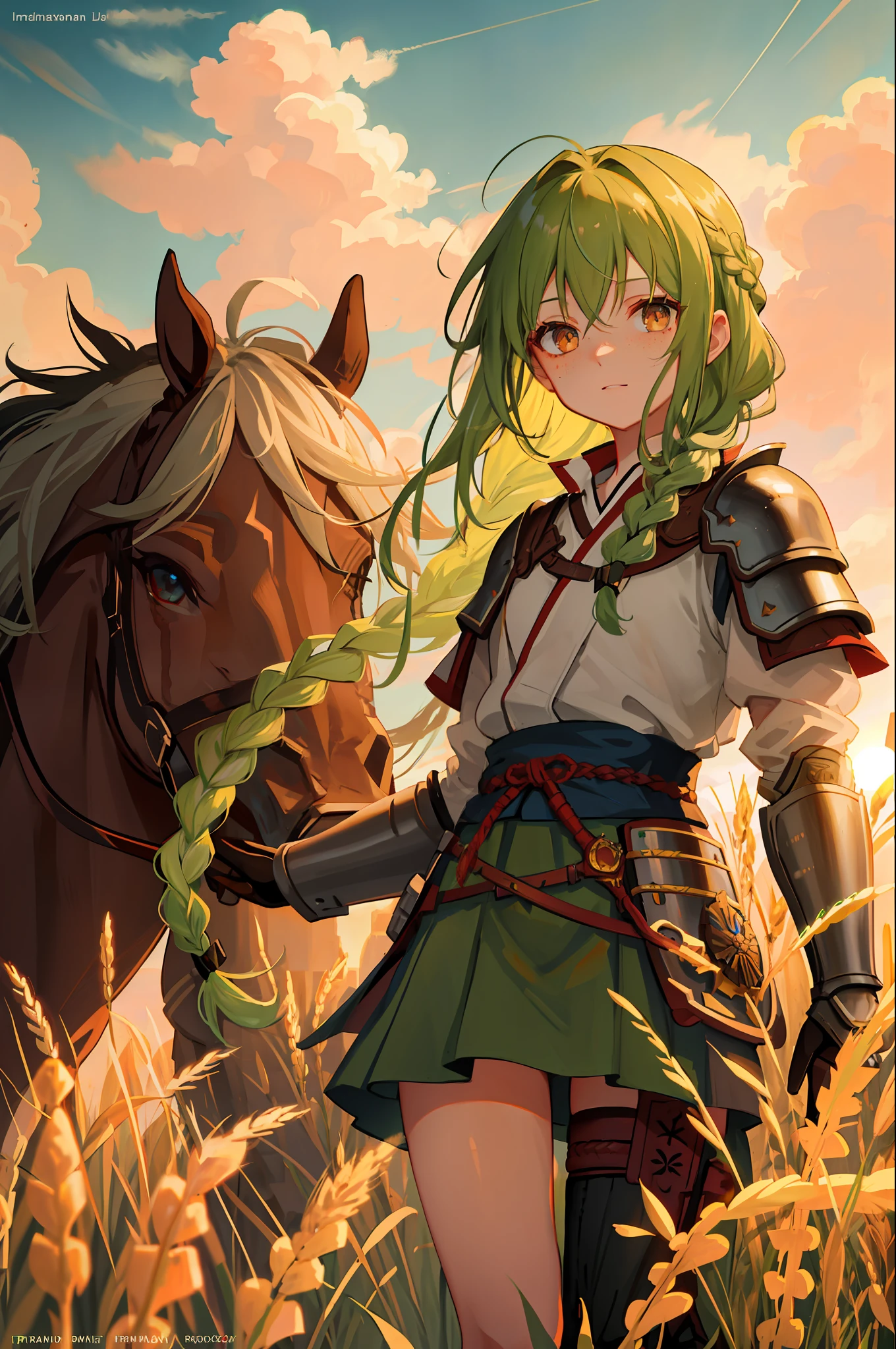 Masterpiece, Best Quality, 1girl, Portrait, Green Hair, Braided Braid, Red Eyes, Freckles Under Eyes, Rubbing Leg Roots, Samurai, Bronze Armor, Wheat Landscape, Sun, Clouds, (Neutral Color), (HDR:1.4)