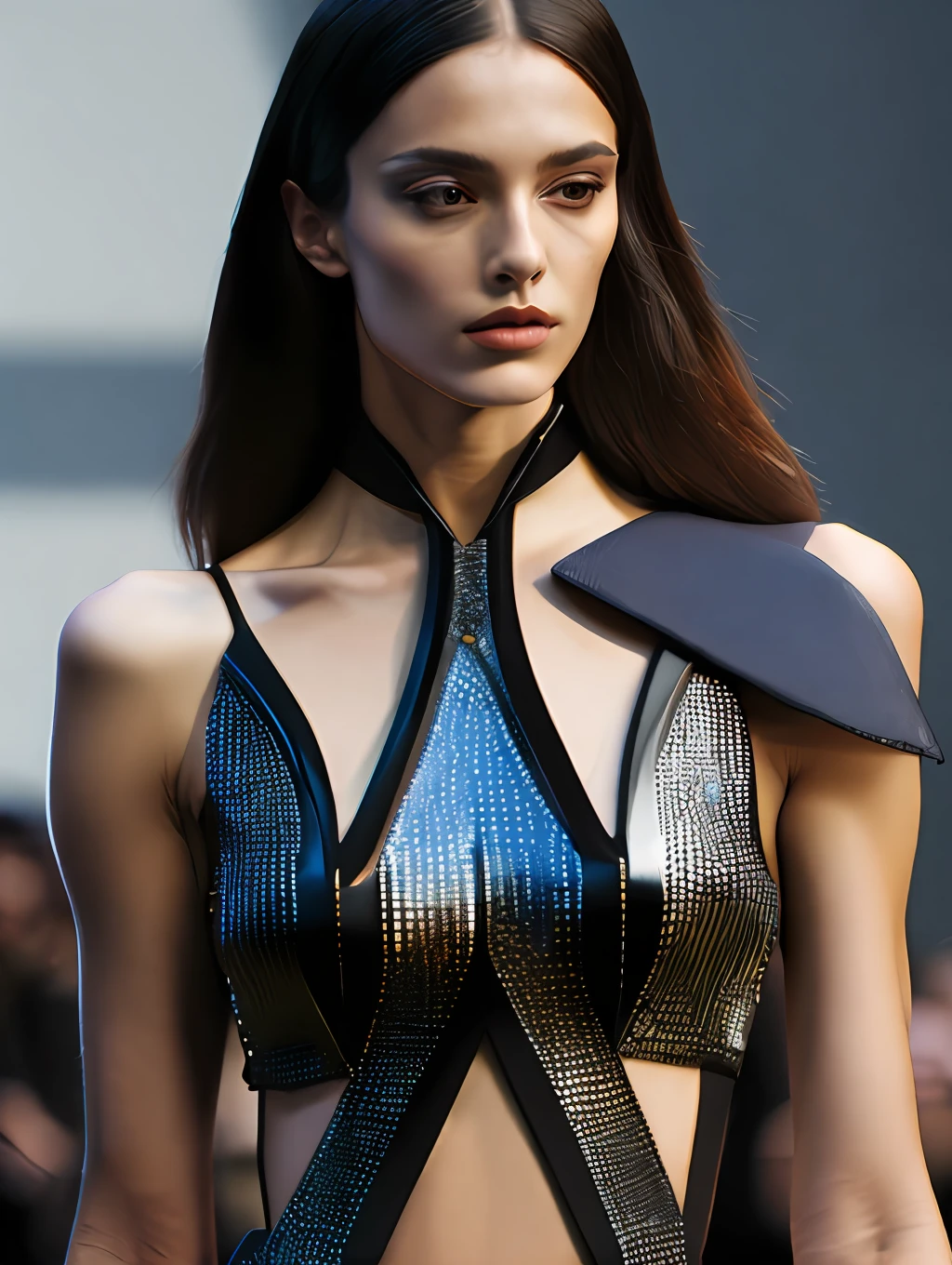 a hyper realistic ultra detailed photograph of a beautiful female model walking down a runway at a Calvin Klein Fashion Show, stunningly beautiful young woman in very high slit shiny material slip dress, spotlight, detailed symmetric beautiful hazel eyes, haute couture, delicate and beautiful face, trending on cg society, official valentino editorial, moonlight, medium symmetry, behance contest winner, portrait featured on unsplash, stylized digital art, smooth, ultra high definition, 8k, unreal engine 5, ultra sharp focus, award-winning photograph, Canon EOS 5D Mark IV DSLR, f/8, ISO 100, 1/250 second, TanvirTamim, trending on artstation, by artgerm, h. r. giger and beksinski, highly detailed, vibrant