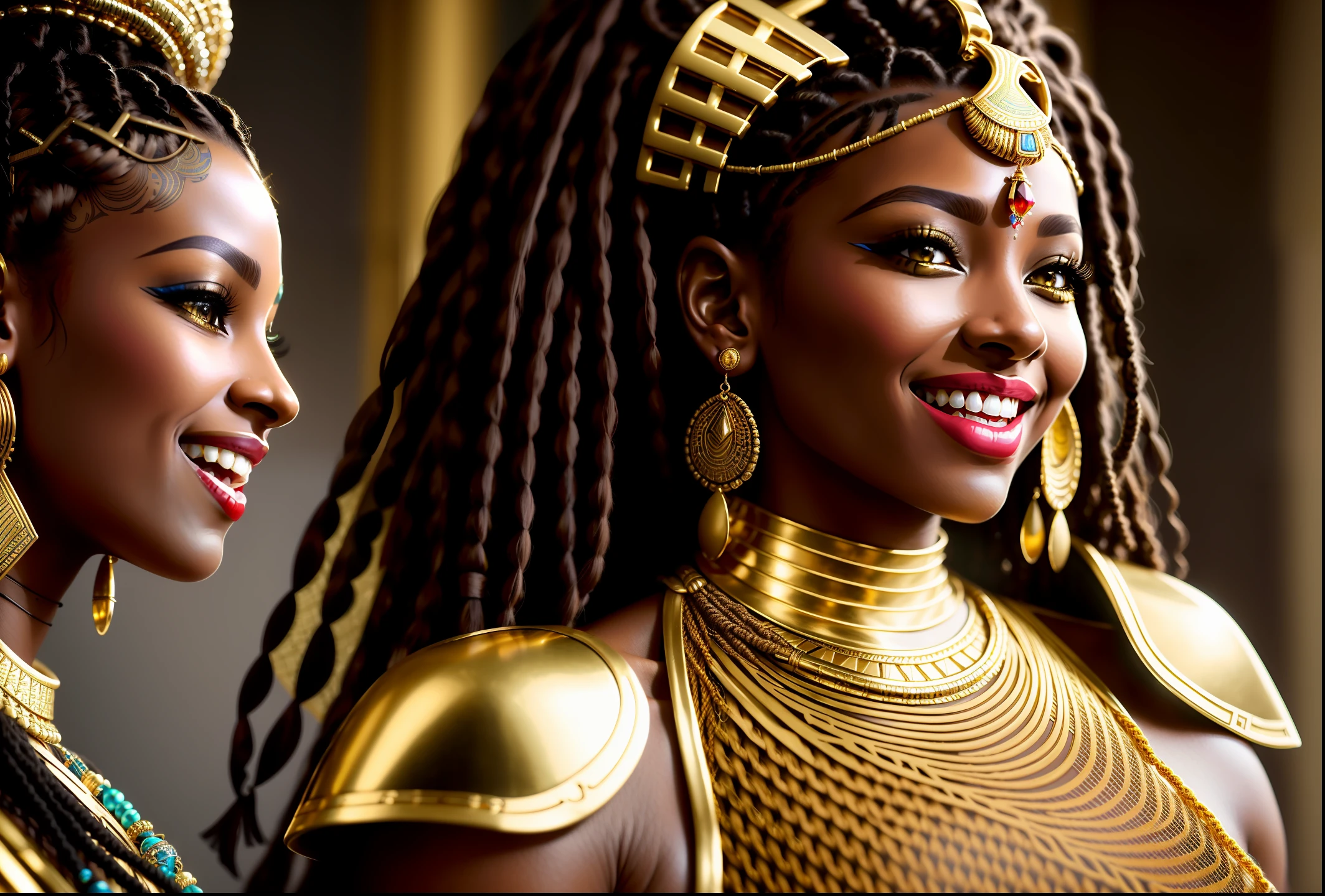 (Epic movie (palace) scene), ((Egyptian Gold)), Hyperealistic detailed photography, michaelangelo, artgerm and rutkowski, mcfarlane, jim lee, (1girl:1.5), (((nubian))) (((dark skin))) (thicc) (((long woven dreadlocks))) (((laughing))), hyperfuturistic clothing, (((gold, ankara style))), masterpiece, (((mesh))), unique style, fashion sense, striking outfit, (((accessories))), bracelet, chain necklace, choker, earrings, every detail expertly rendered, texture and fabric accurately depicted, rendered in a highly detailed and photorealistic style Masterpiece, detailed background,