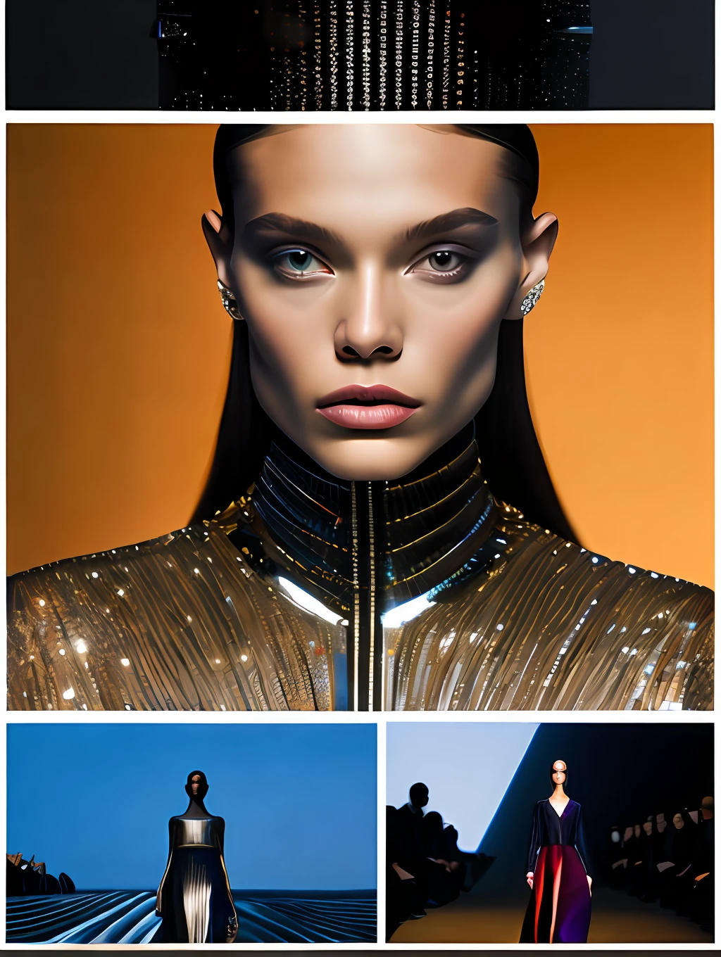 a hyper realistic ultra detailed photograph of a beautiful female model walking down a runway at a Calvin Klein Fashion Show, stunningly beautiful young woman in very high slit shiny material slip dress, spotlight, detailed symmetric beautiful hazel eyes, haute couture, delicate and beautiful face, trending on cg society, official valentino editorial, moonlight, medium symmetry, behance contest winner, portrait featured on unsplash, stylized digital art, smooth, ultra high definition, 8k, unreal engine 5, ultra sharp focus, award-winning photograph, Canon EOS 5D Mark IV DSLR, f/8, ISO 100, 1/250 second, TanvirTamim, trending on artstation, by artgerm, h. r. giger and beksinski, highly detailed, vibrant